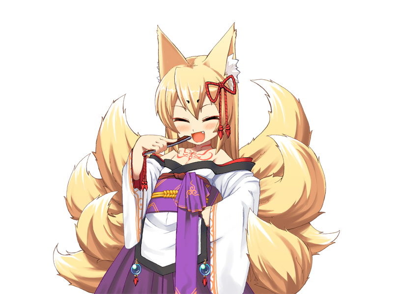 1girl :d animal_ear_fluff animal_ears bare_shoulders blonde_hair blush bmp-to-png_conversion chest_tattoo closed_eyes cowboy_shot eyeshadow fang folding_fan fox_ears fox_girl fox_tail game_cg hair_between_eyes hakama hakama_skirt hand_fan hand_on_own_hip happy holding holding_fan japanese_clothes jingai_modoki kimono kitsune lolibaba long_hair looking_at_viewer makeup mon-musu_quest! monster_girl multiple_tails neck_tattoo non-web_source obi open_mouth purple_hakama purple_sash red_eyeshadow sash simple_background skirt smile solo tail tamamo_(mon-musu_quest!) tattoo transparent_background white_kimono wide_sleeves