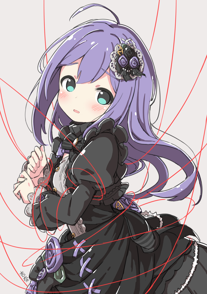 1girl ahoge aqua_eyes black_dress blush breasts character_name cowboy_shot dot_nose dress flower frilled_dress frills from_side grey_background hair_between_eyes hair_flower hair_ornament idolmaster idolmaster_million_live! idolmaster_million_live!_theater_days kuresuku_(lessons) lace-trimmed_sleeves lace_trim long_hair looking_at_viewer mochizuki_anna official_alternate_costume parted_lips purple_hair shy sidelocks simple_background small_breasts solo straight_hair string string_of_fate