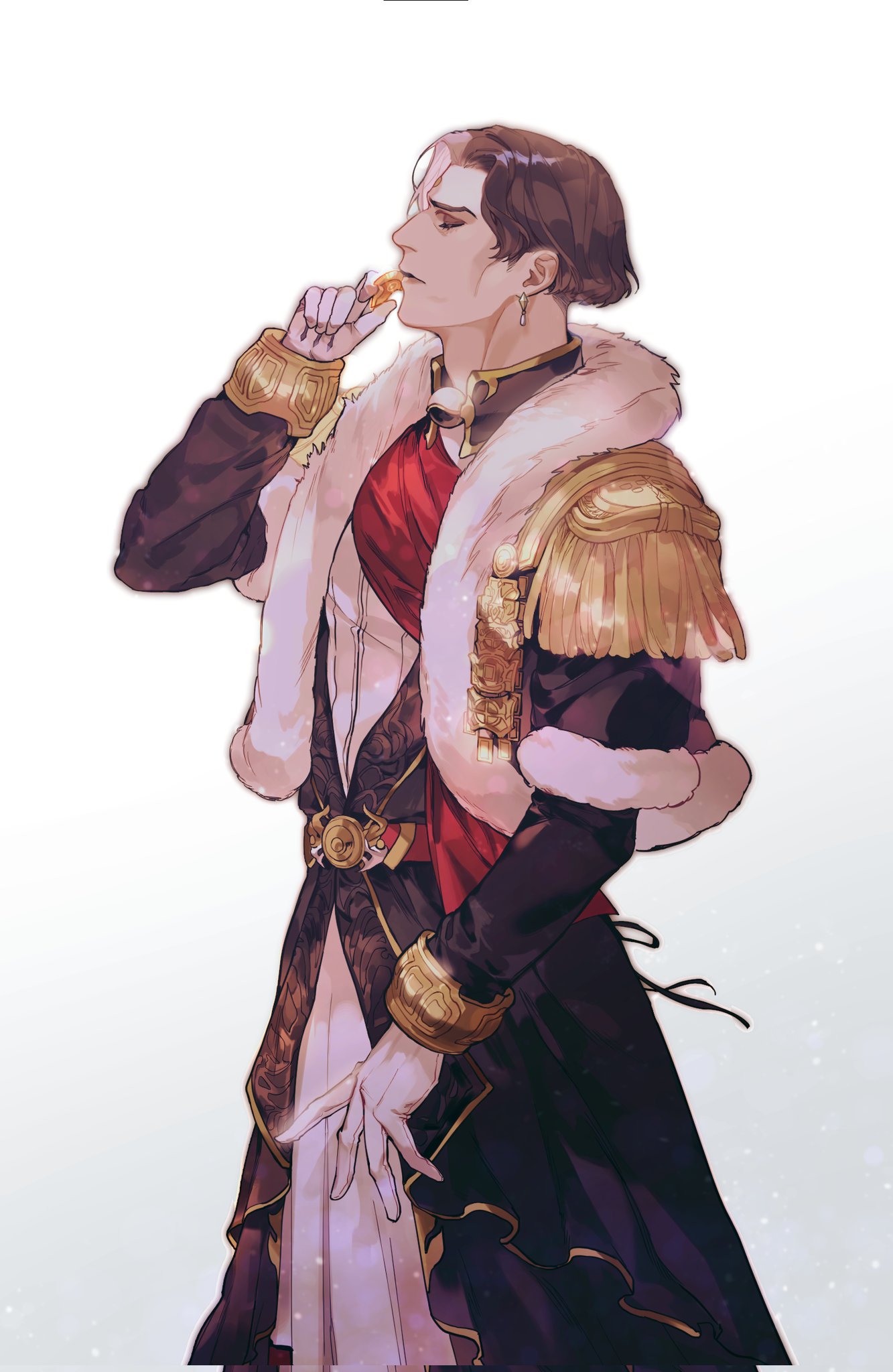 1boy belt black_coat black_jacket brown_hair closed_eyes coat commentary_request constellation_crystal_(ff14) cowboy_shot detached_collar earrings emet-selch epaulettes final_fantasy final_fantasy_xiv fur-trimmed_coat fur-trimmed_jacket fur_trim garlean gloves hand_up highres holding holding_crystal jacket jewelry korean_commentary long_sleeves male_focus multicolored_hair profile short_hair simple_background sohyo72 solo standing two-tone_hair white_background white_gloves white_hair