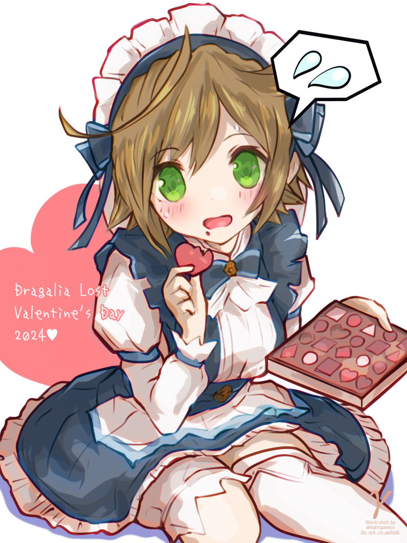 1girl 2024 blue_dress blush box box_of_chocolates brown_hair chocolate commentary_request cowboy_shot dragalia_lost dress eating food green_eyes heart holding holding_box holding_food long_sleeves looking_at_viewer maid maid_headdress melody_(dragalia_lost) open_mouth short_hair simple_background single_thighhigh sitting solo speech_bubble spoken_sweatdrop sweatdrop takasaka_light thigh-highs twitter_username valentine white_background white_thighhighs