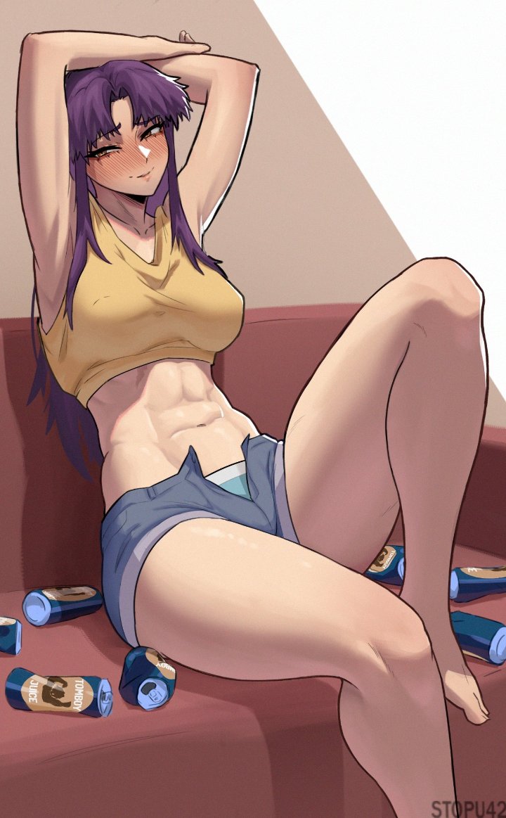 1girl abs armpits arms_up bad_id bad_pixiv_id bare_arms bare_legs beer_can blush breasts brown_eyes can couch covered_nipples crop_top denim denim_shorts drink_can highres katsuragi_misato large_breasts long_hair looking_at_viewer midriff navel neon_genesis_evangelion nose_blush open_fly purple_hair shirt short_shorts shorts sitting sleeveless solo stopu stretching thighs yellow_shirt