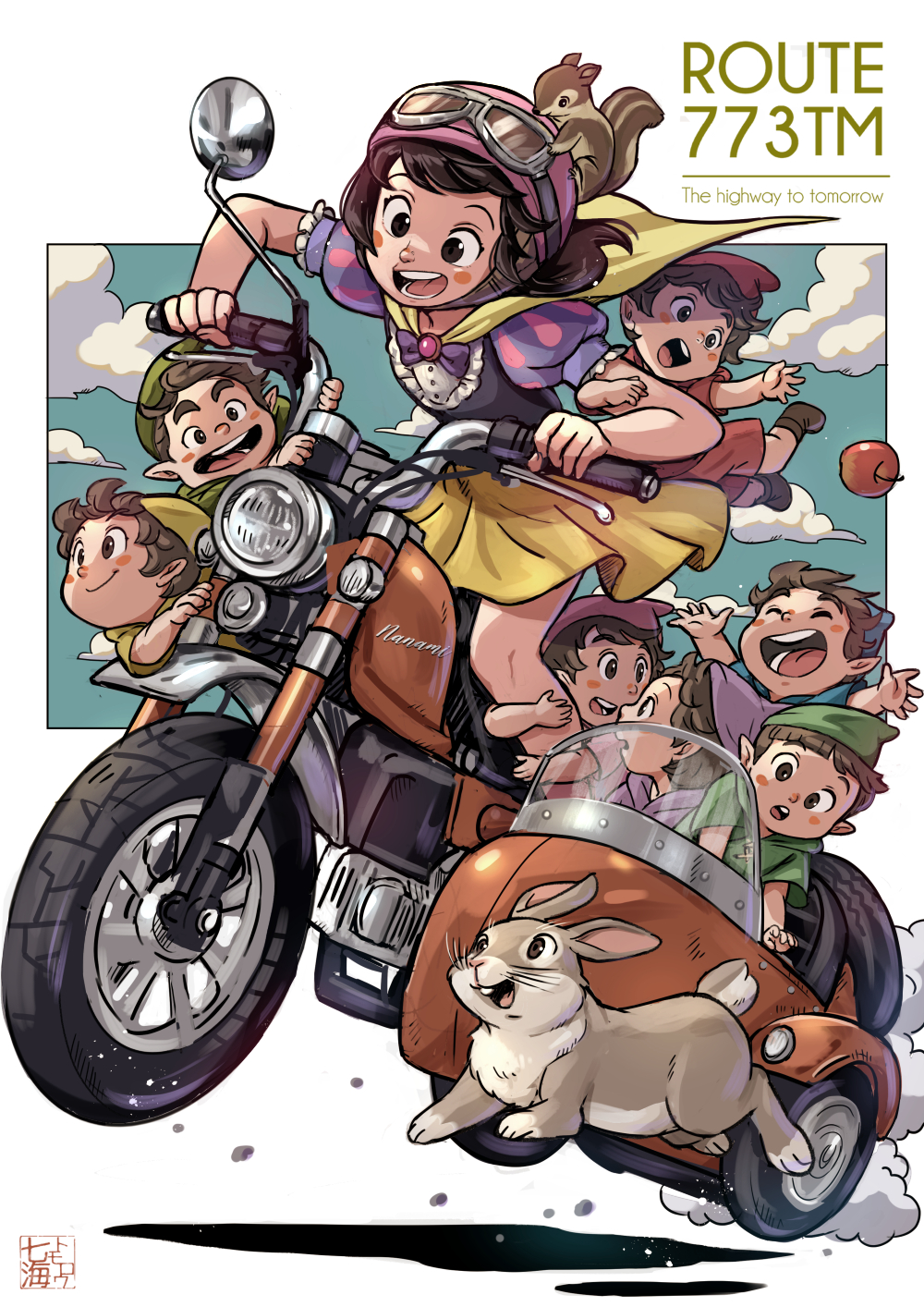 1girl 6+boys animal animal_on_head apple artist_name black_hair blue_hat blush_stickers bow bowtie closed_eyes clouds commentary dwarf_(grimm) english_text food frills fruit goggles goggles_on_headwear green_hat hat helmet highres hugging_another's_leg motor_vehicle motorcycle motorcycle_helmet multiple_boys nanami_tomorou on_head open_mouth pointy_ears puffy_short_sleeves puffy_sleeves purple_hat rabbit red_hat riding short_hair short_sleeves sidecar skirt snow_white snow_white_(grimm) squirrel symbol-only_commentary tunic wheel yellow_collar yellow_hat yellow_skirt