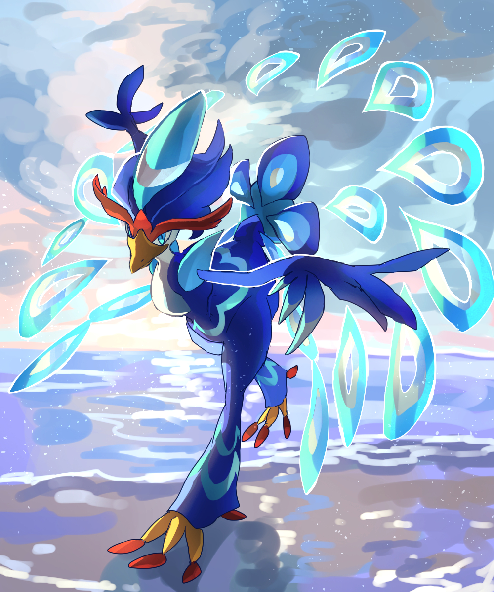 beach beak blue_eyes blue_feathers clouds commentary_request feathers fusenryo highres horizon pokemon pokemon_(creature) quaquaval standing standing_on_one_leg water