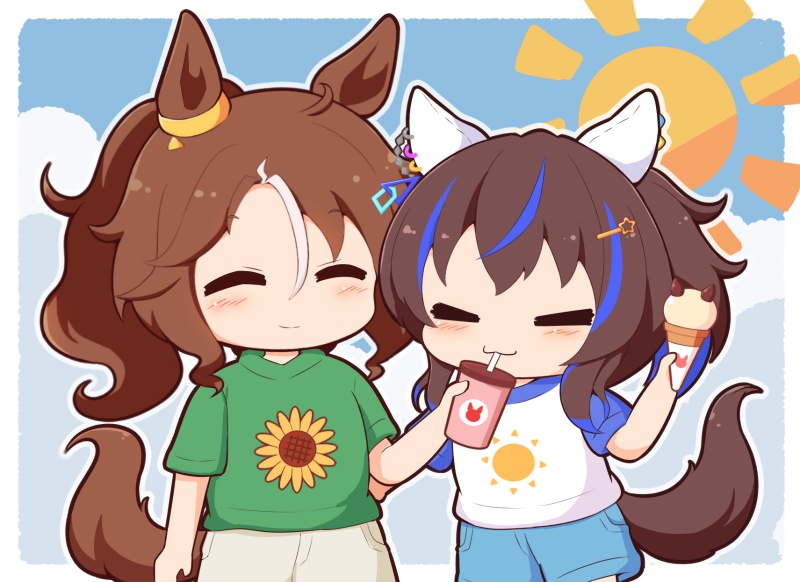 2girls ^_^ animal_ears blue_hair blue_shorts blue_sky blush_stickers brown_hair chibi closed_eyes closed_mouth clouds cup daitaku_helios_(umamusume) day disposable_cup drinking_straw floral_print food gomashio_(goma_feet) green_shirt hair_between_eyes hair_ornament hairclip holding holding_cup horse_ears horse_girl horse_tail ice_cream ice_cream_cone long_hair mejiro_palmer_(umamusume) multicolored_hair multiple_girls parted_bangs ponytail print_shirt raglan_sleeves shirt short_sleeves shorts side_ponytail sky smile star_(symbol) star_hair_ornament streaked_hair sun_print sun_symbol sunflower_print tail umamusume white_hair white_shirt white_shorts