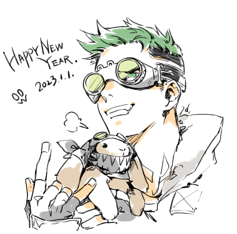 1boy \m/ animification apex_legends black_gloves broken_eyewear dated fingerless_gloves gloves goggles green_eyes green_hair happy_new_year looking_up male_focus mask mouth_mask octane_(apex_legends) portrait rabbit sentinel_ga_koku_ni_aru smile solo white_background