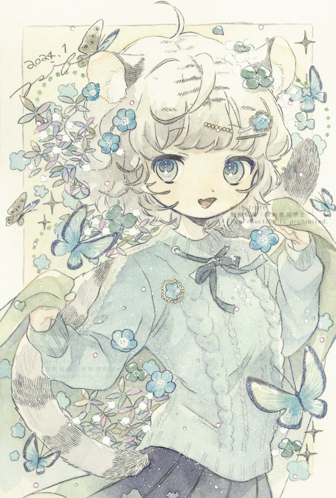 1girl 2024 :d ahoge animal_ears blue_flower breasts bug butterfly dated flower grey_sweater hair_flower hair_ornament hairclip highres long_sleeves looking_at_viewer open_mouth original painting_(medium) ribbed_sweater rif_fraff short_hair small_breasts smile solo sparkle sweater tail tail_raised tiger_ears tiger_girl tiger_tail traditional_media twitter_username watercolor_(medium) watermark white_hair