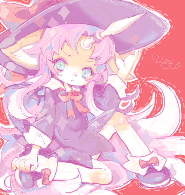 1girl :&lt; animal_ears bad_drawr_id bad_id blue_eyes bow character_request copyright_request dotted_line dress footwear_bow full_body furry furry_female hand_on_headwear hand_up hat horns long_hair looking_at_viewer nsm888 oekaki personification pink_hair red_background red_bow shoes single_horn sitting solo witch_hat