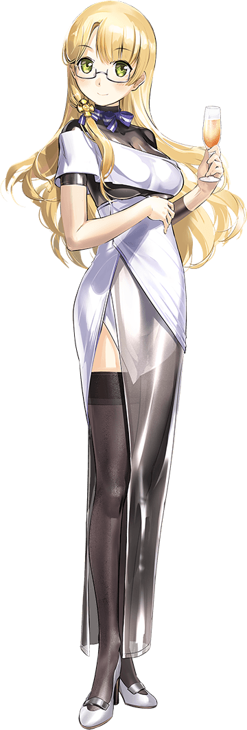 1girl blonde_hair breasts cocktail_glass cup dress drinking_glass full_body glasses green_eyes holding holding_cup kantai_collection large_breasts long_hair northampton_(kancolle) northampton_kai_(kancolle) official_art semi-rimless_eyewear solo thigh-highs white_dress zeco