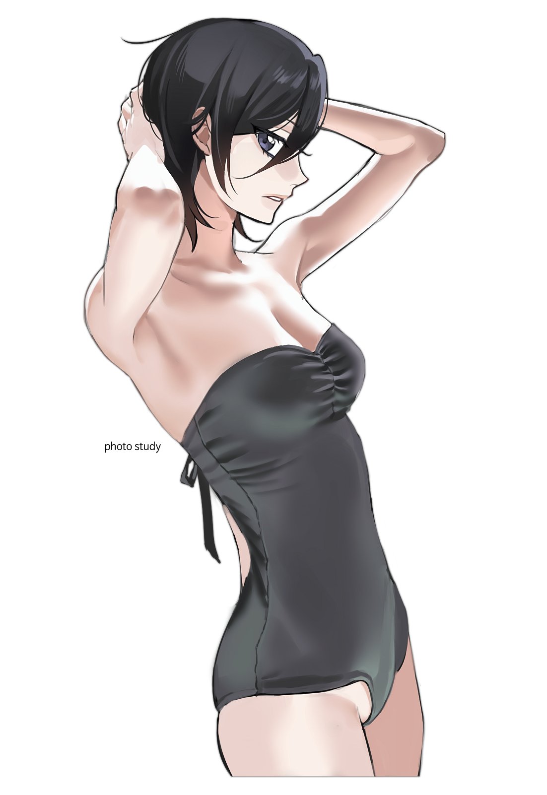 1girl armpits artist_request black_hair bleach breasts highres kuchiki_rukia one-piece_swimsuit short_hair simple_background solo swimsuit violet_eyes