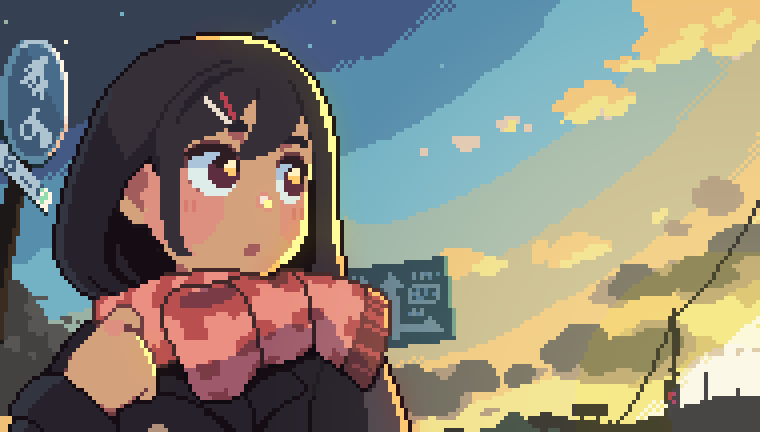1girl :o animated animated_png black_coat black_hair blinking breath breathing clouds coat dusk gradient_sky hair_ornament hairclip looping_animation original oyuzaki_(ayuzaki) pink_scarf pixel_art power_lines road_sign scarf sidelighting sign sky solo star_(sky) starry_sky sunset winter_clothes winter_coat