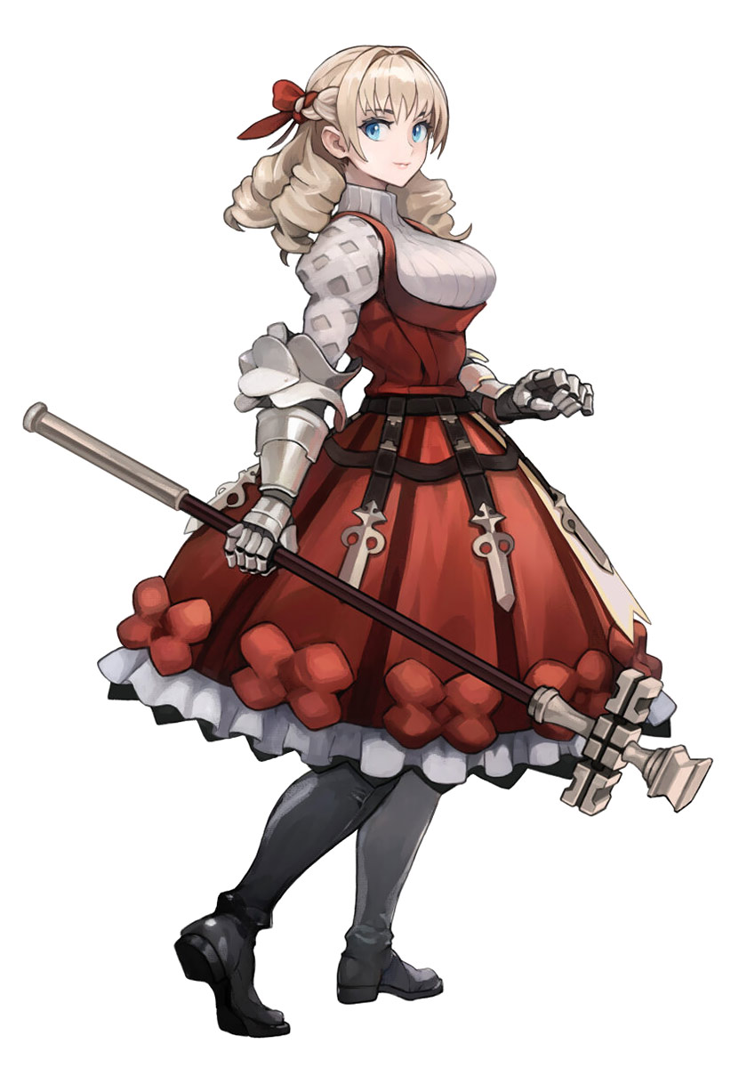 1girl armor blonde_hair blue_eyes bow braid breasts dress drill_hair full_body gauntlets hair_bow hair_intakes hair_ribbon highres juliet_sleeves large_breasts long_hair long_sleeves noma_takafumi official_art puffy_sleeves red_dress ribbon scarlett_(unicorn_overlord) smile solo sweater third-party_source turtleneck turtleneck_sweater unicorn_overlord white_background