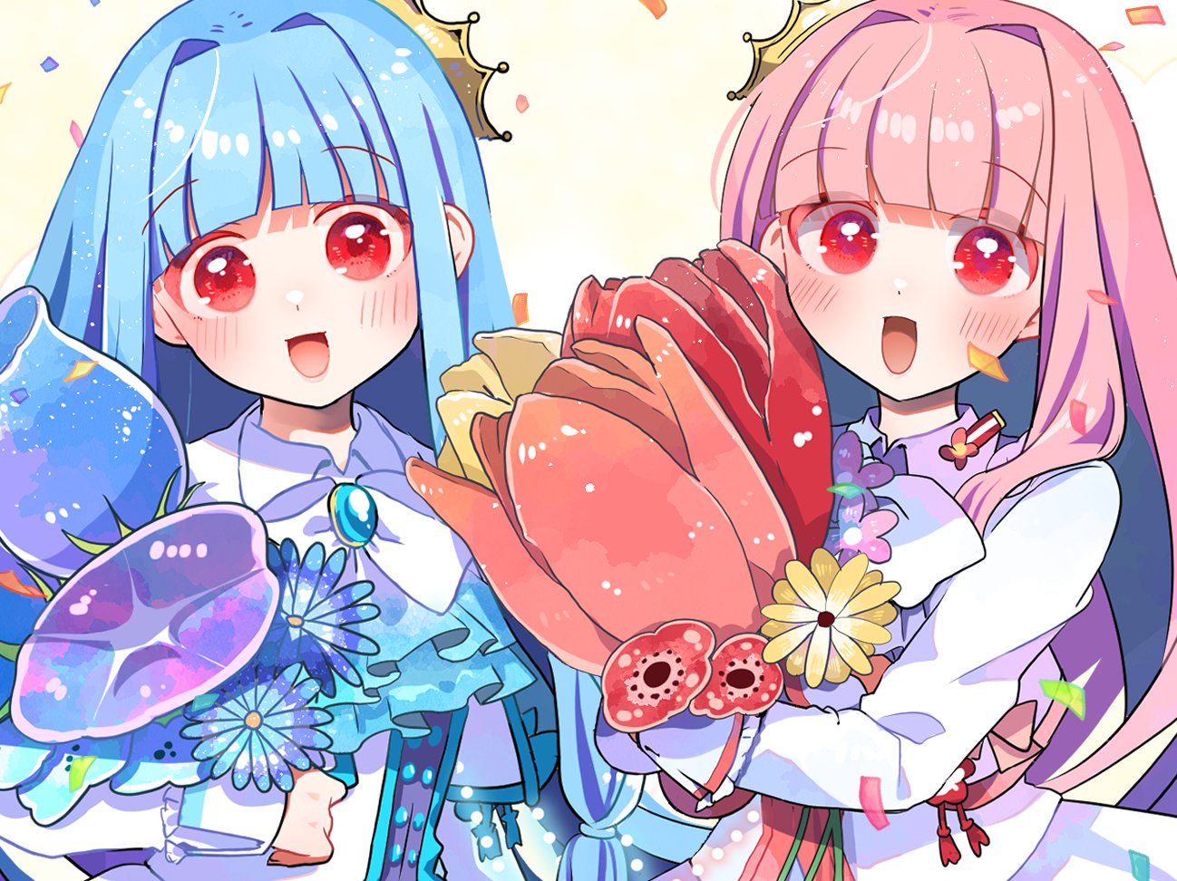2girls blue_hair blue_tulip blush bow bowtie brooch crown flower hair_intakes head_tilt hugging_object jacket jewelry kotonoha_akane kotonoha_aoi long_hair long_sleeves looking_at_viewer multiple_girls open_mouth orange_flower orange_tulip oversized_flower oyasumi_makura pink_hair red_eyes red_flower red_tulip siblings side-by-side simple_background sisters smile straight_hair tulip upper_body voiceroid white_background white_bow white_bowtie white_jacket
