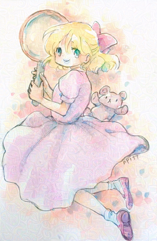 1girl blonde_hair bow dress frying_pan hair_bow holding holding_frying_pan mother_(game) mother_2 n-pitt open_mouth painting_(medium) paula_(mother_2) pink_dress red_bow ribbon short_hair smile stuffed_animal stuffed_toy teddy_bear traditional_media watercolor_(medium)