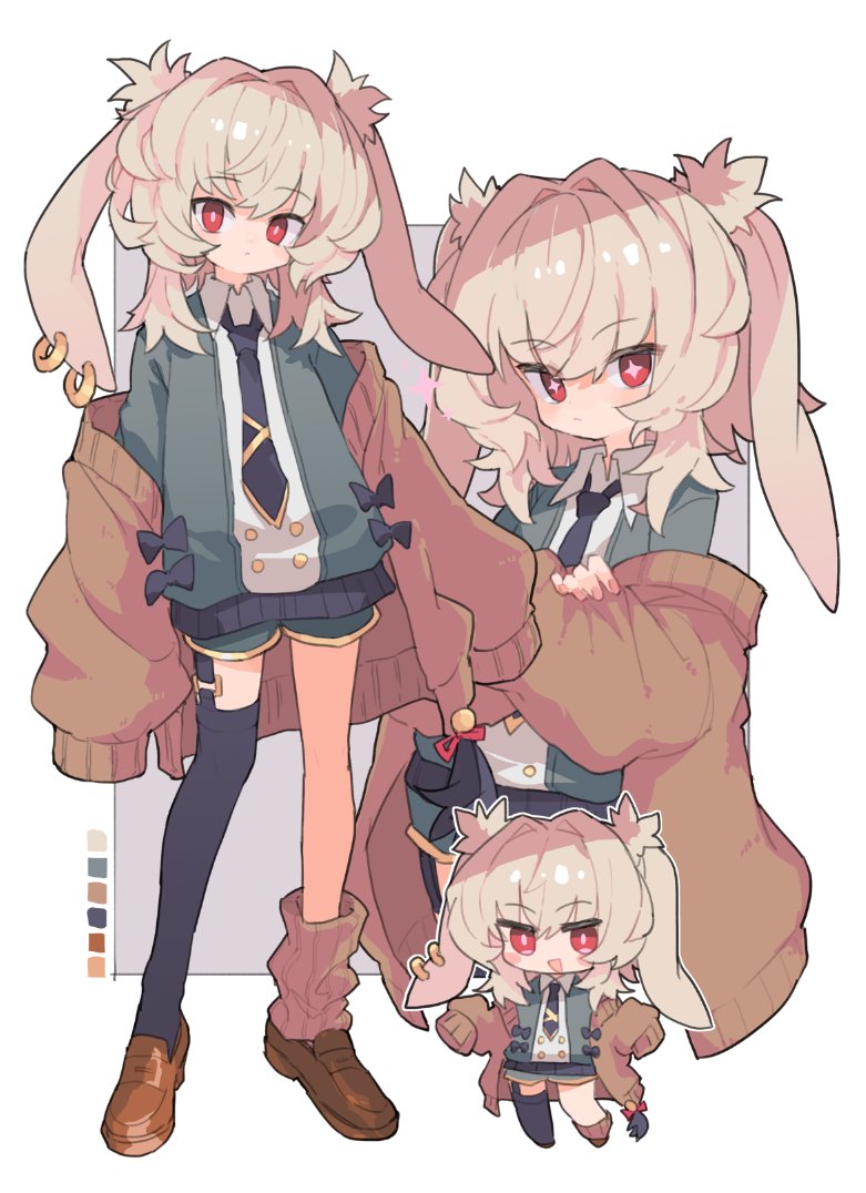 1girl :d animal_ear_piercing animal_ears asymmetrical_legwear black_bow black_necktie black_thighhighs blonde_hair bow bright_pupils brown_cardigan brown_footwear cardigan cardigan_partially_removed chibi chibi_inset color_guide commission cross-shaped_pupils expressionless floppy_ears full_body garter_straps green_jacket green_shorts grey_background hair_intakes jacket kasa_(hitori_sanka) loafers looking_at_viewer medium_hair mismatched_legwear multiple_views necktie open_mouth original rabbit_ears red_eyes shoes shorts simple_background single_leg_warmer single_thighhigh skeb_commission smile standing symbol-shaped_pupils thigh-highs two-tone_background white_background white_pupils