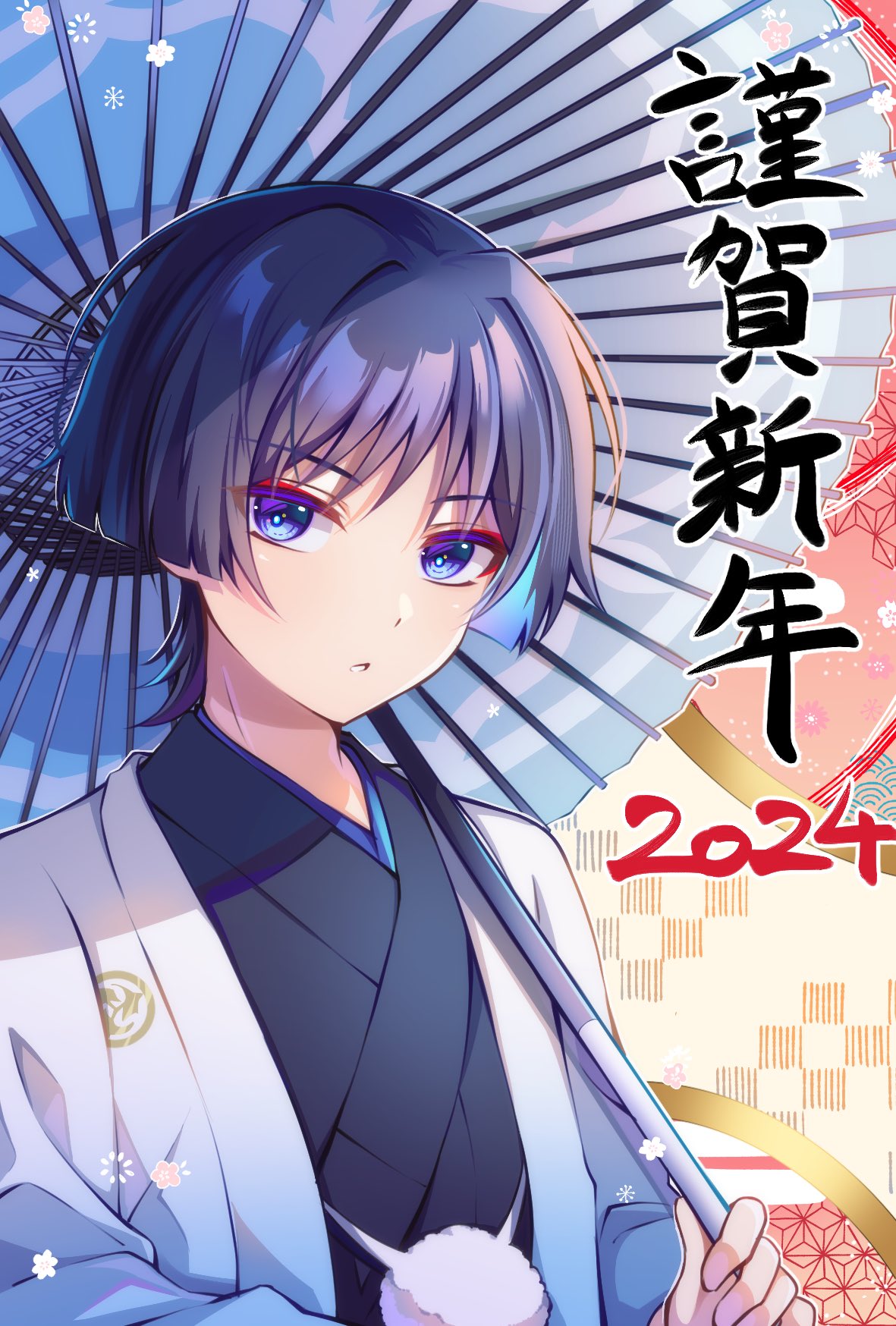 168_azusa 1boy 2024 asa_no_ha_(pattern) black_hair black_kimono blue_hair blue_jacket blue_umbrella blunt_ends choppy_bangs commentary_request eyeshadow flower_(symbol) genshin_impact gradient_clothes hair_between_eyes hair_intakes hand_up haori haori_himo highres holding holding_umbrella jacket japanese_clothes kimono long_sleeves looking_at_viewer makeup male_focus multicolored_hair nengajou new_year oil-paper_umbrella open_clothes open_jacket parted_lips pom_pom_(clothes) red_background red_eyeshadow scaramouche_(genshin_impact) seigaiha short_hair simple_background solo translation_request umbrella upper_body violet_eyes wanderer_(genshin_impact) white_jacket yellow_background