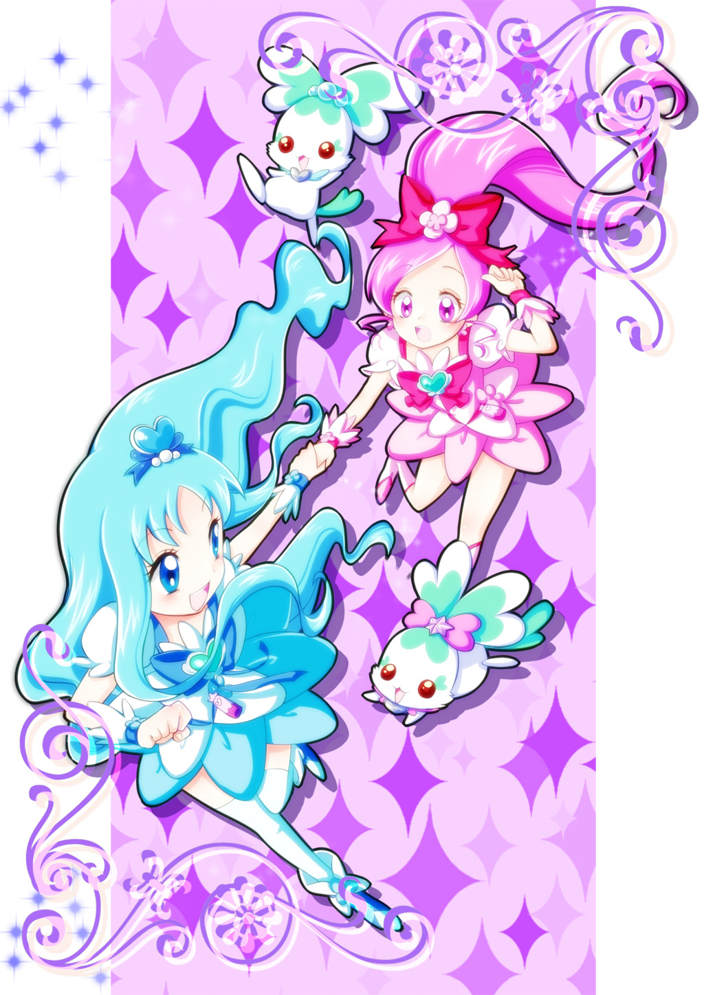 2girls blue_bow blue_bowtie blue_dress blue_eyes blue_flower blue_footwear blue_hair blue_wrist_cuffs boots border bottle bow bowtie brooch chypre_(heartcatch_precure!) clenched_hand coffret_(heartcatch_precure!) commentary_request cure_blossom cure_marine dress eyelashes floating_hair flower full_body hair_bobbles hair_bow hair_flower hair_ornament hanasaki_tsubomi hand_up heart heart_brooch heart_hair_ornament heartcatch_precure! high_ponytail highres holding_hands imahia jewelry knee_boots kurumi_erika light_blush long_hair looking_at_another magical_girl multiple_girls open_mouth ornate_border outside_border perfume_bottle pillarboxed pink_bag pink_bow pink_bowtie pink_dress pink_eyes pink_footwear pink_hair pink_wrist_cuffs precure puffy_short_sleeves puffy_sleeves purple_background short_dress short_sleeves simple_background smile sparkle_background square_neckline thigh-highs very_long_hair wavy_hair white_flower white_sleeves white_thighhighs wrist_cuffs wrist_flower