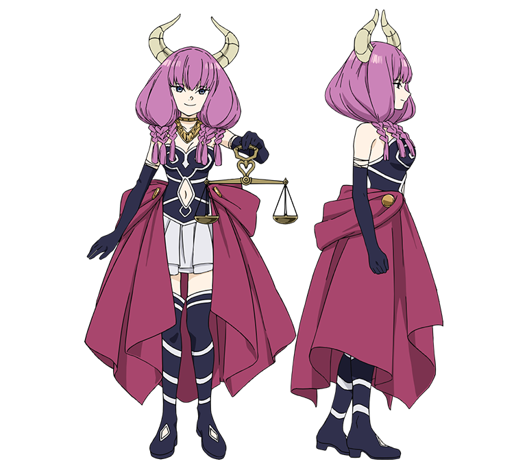 1girl aura_(sousou_no_frieren) balance_scale black_footwear black_gloves boots braid clothing_cutout demon_girl demon_horns elbow_gloves from_side full_body gloves gold_necklace holding_scale horns jewelry long_hair navel_cutout necklace official_art pleated_skirt profile purple_hair quad_braids reference_sheet skirt smile sousou_no_frieren straight-on thigh_boots transparent_background weighing_scale white_skirt