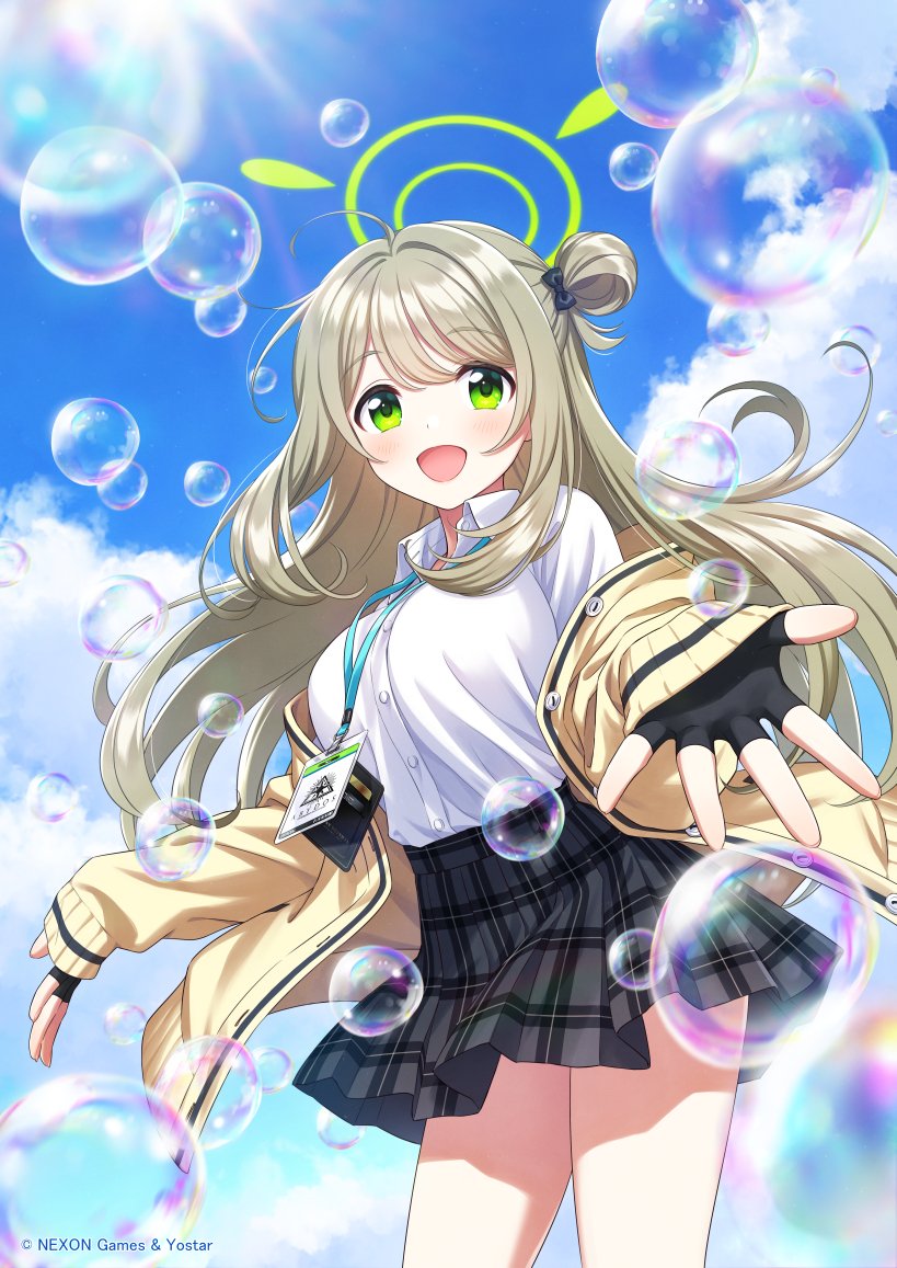 1girl air_bubble black_gloves black_skirt blue_archive blue_sky bubble clouds cloudy_sky collar collared_shirt fingerless_gloves floating_hair gloves green_eyes hair_bun halo jacket light_brown_hair long_hair long_sleeves looking_at_viewer morikura_en nonomi_(blue_archive) official_art open_clothes open_jacket open_mouth outdoors school_uniform shirt single_hair_bun skirt sky smile solo standing white_collar white_shirt yellow_jacket