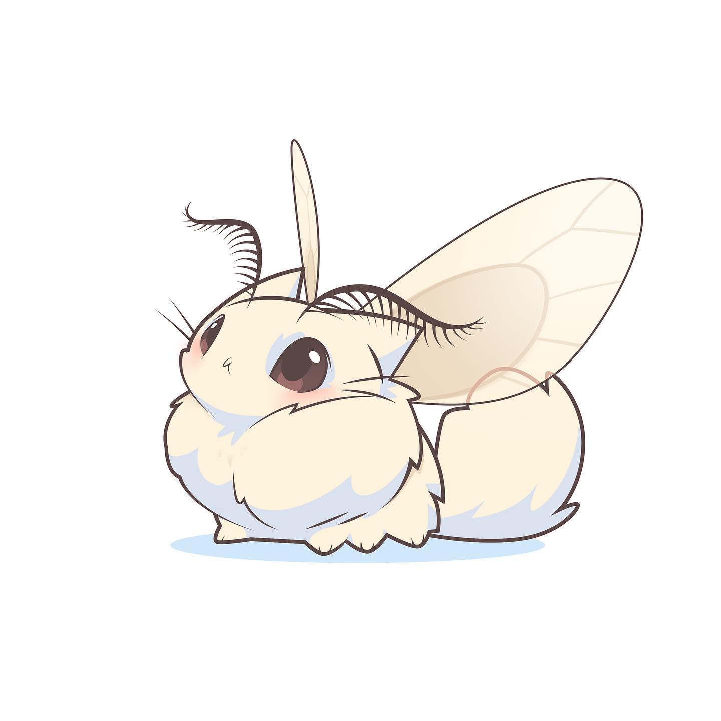 animal_ears animal_focus antennae bad_source blush brown_eyes bug cat_ears english_commentary everything_a_cat fluff full_body fusion highres looking_up multiple_legs no_humans original poodle_moth simple_background solo tail whiskers white_background wings