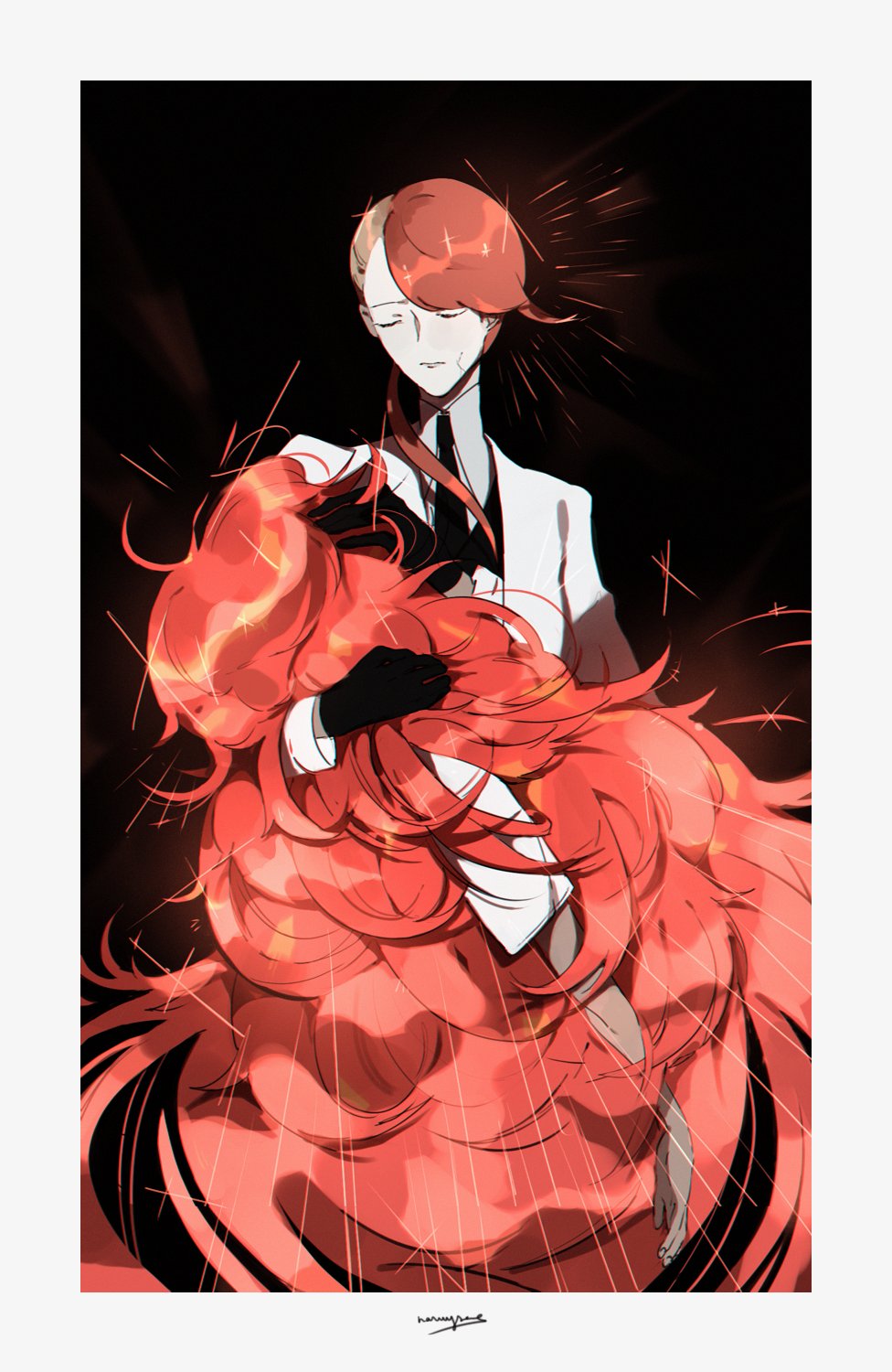 2others black_gloves black_necktie border carrying carrying_person closed_mouth collared_shirt cracked_skin gloves highres houseki_no_kuni jacket long_hair multiple_others naruysae necktie padparadscha_(houseki_no_kuni) redhead rutile_(houseki_no_kuni) shirt short_hair signature undercut very_long_hair white_border white_jacket