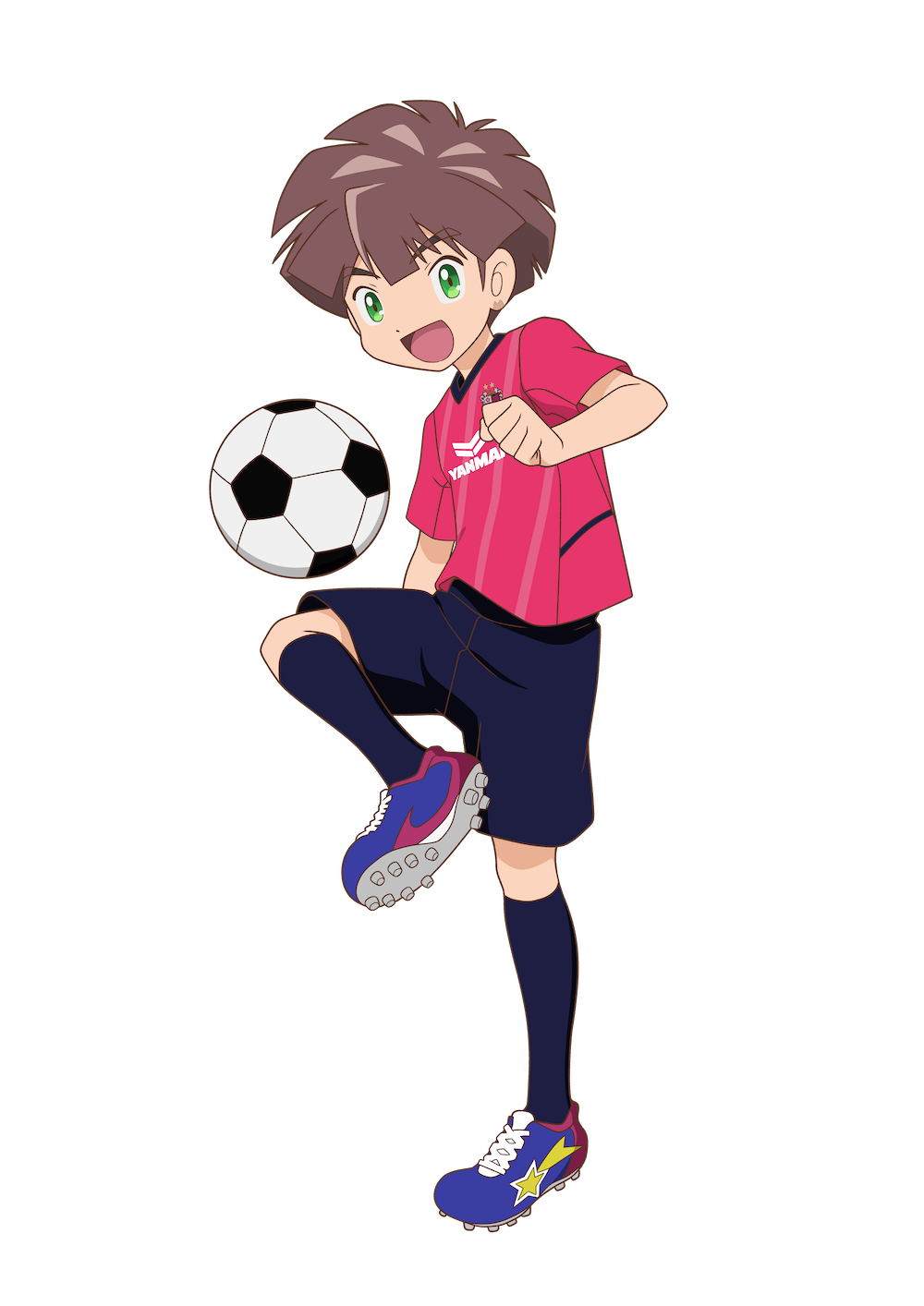 1boy amanokawa_hiro archived_source ball black_shorts black_socks blue_footwear brown_hair cerezo_osaka cleats clenched_hand clothes_writing diagonal-striped_shirt digimon digimon_ghost_game green_eyes highres kneehighs leg_up looking_at_viewer multicolored_footwear official_art pink_shirt print_footwear purple_footwear scar scar_on_ear shirt shorts simple_background smile soccer_ball soccer_uniform socks solo sportswear star_(symbol) star_print tongue transparent_background white_footwear