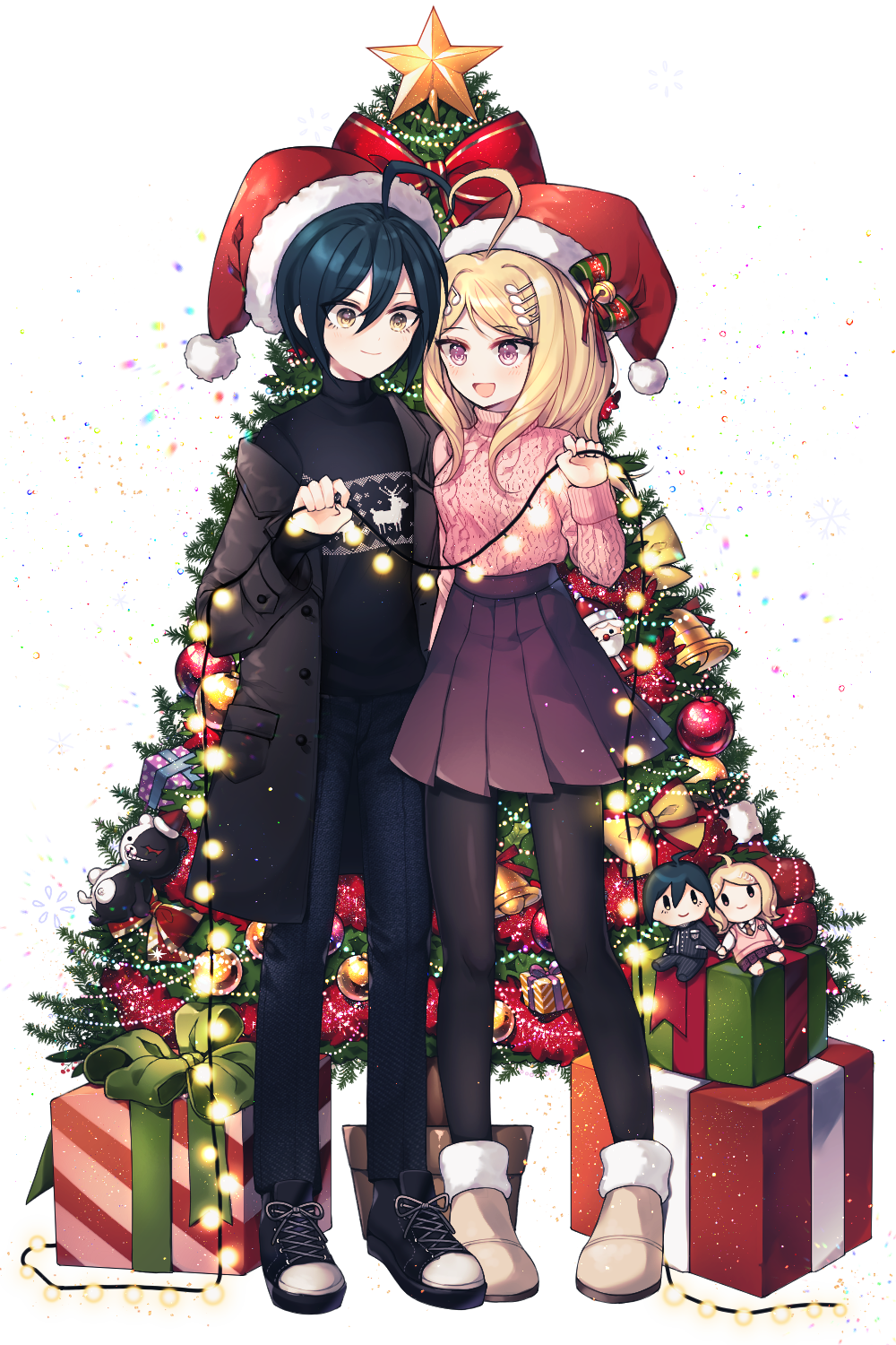 1boy 1girl ahoge akamatsu_kaede alternate_costume bad_id bad_twitter_id black_pantyhose black_sweater blonde_hair blue_footwear blue_hair blue_pants bow brown_footwear casual character_doll christmas christmas_lights christmas_ornaments christmas_star christmas_tree closed_mouth coat coattails collared_coat commentary_request confetti cross-laced_footwear dalrye_v3 danganronpa_(series) danganronpa_v3:_killing_harmony denim eyelashes full_body fur-trimmed_footwear fur-trimmed_headwear fur_trim gift green_bow grey_coat grey_sleeves hair_between_eyes hair_ornament hat hat_belt hat_bow high-waist_skirt highres holding jeans korean_commentary layered_sleeves long_hair long_sleeves miniskirt musical_note musical_note_hair_ornament open_clothes open_coat open_mouth pants pantyhose pink_sleeves pink_sweater pleated_skirt pom_pom_(clothes) purple_skirt red_bow red_hat saihara_shuichi santa_hat shoes short_hair skirt sleeves_past_wrists smile sneakers sweater transparent_background turtleneck turtleneck_sweater two-tone_bow winter_clothes winter_coat yellow_eyes