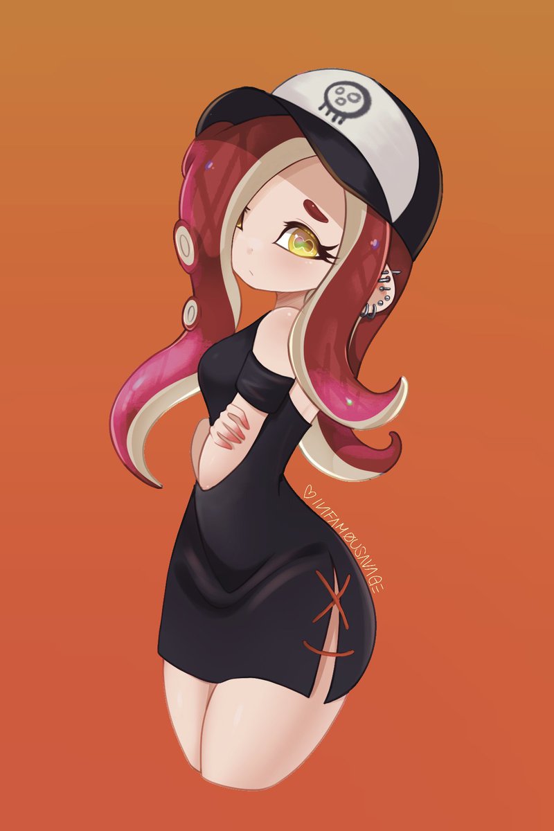 1girl artist_name baseball_cap black_dress cephalopod_eyes commentary cropped_legs cross-laced_slit crossed_arms dedf1sh dress ear_piercing earrings english_commentary eyelashes hat highres infamousavages jewelry long_hair octoling orange_background piercing print_headwear redhead side_slit simple_background solo splatoon_(series) splatoon_3 splatoon_3:_side_order tentacle_hair yellow_pupils