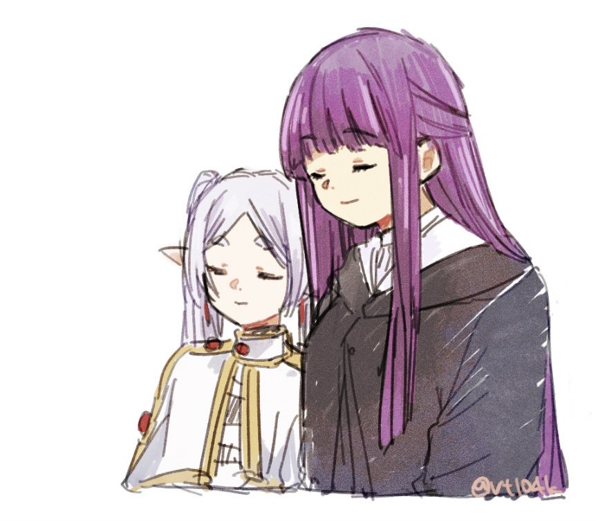 2girls black_robe capelet closed_eyes closed_mouth commentary_request earrings elf fern_(sousou_no_frieren) frieren jewelry long_hair multiple_girls pointy_ears purple_hair robe simple_background sleeping sousou_no_frieren thick_eyebrows twintails twitter_username upper_body vt104k white_background white_capelet white_hair