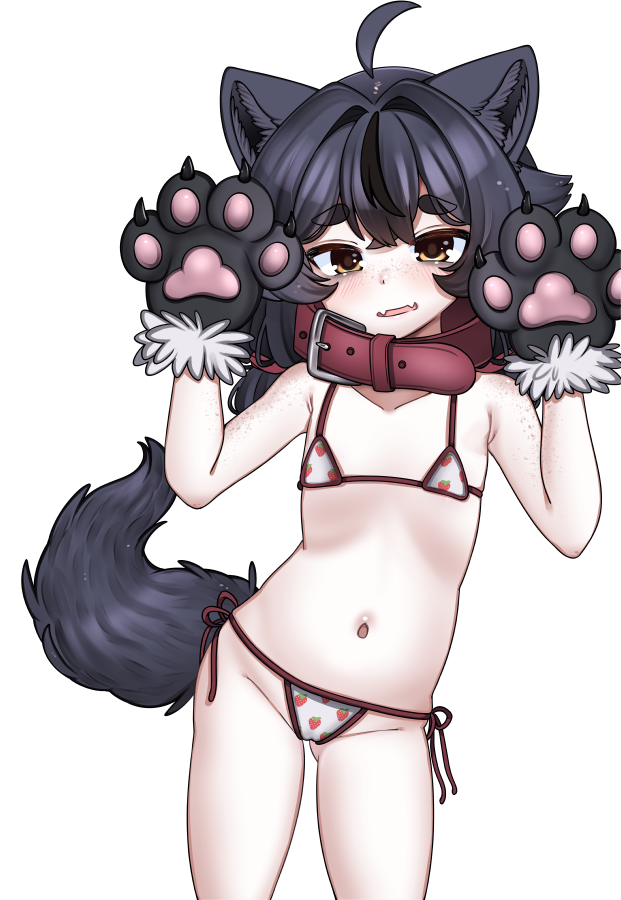 1girl animal_collar animal_ears animal_hands bikini black_hair body_freckles collar fang fangs flat_chest freckles gloves hand_up loli looking_at_viewer medium_hair multicolored_hair navel original paw_gloves skin_fang stomach swimsuit tail thick_eyebrows two-tone_hair wolf_ears wolf_girl wolf_tail wolfie yellow_eyes