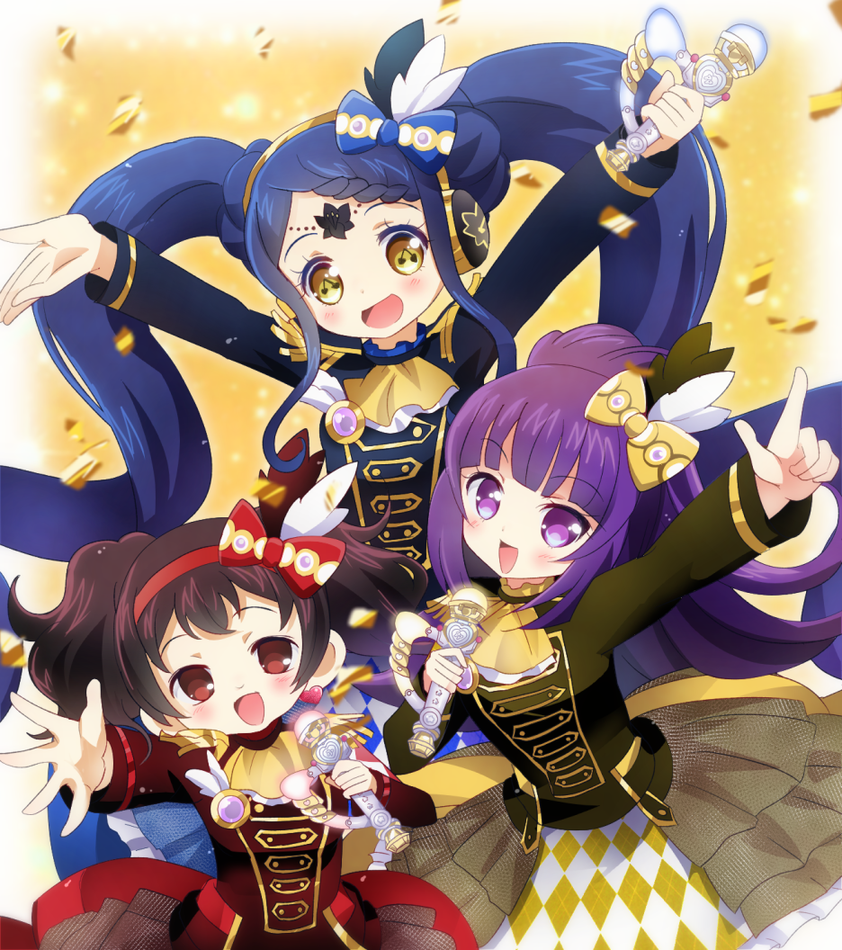3girls :d arm_up arms_up blue_bow blue_hair blue_jacket blunt_bangs bow braid braided_bangs brown_hair brown_jacket commentary_request confetti garara_s_leep gold_trim hair_bow hairband hanazono_shuka hand_up head_chain headphones holding holding_microphone idol_clothes idol_time_pripara index_finger_raised jacket jewelry jigoku_mimiko long_hair long_sleeves looking_at_viewer microphone multiple_girls nohoshio open_mouth outstretched_arms ponytail pretty_series pripara purple_hair red_bow red_eyes red_hairband red_jacket smile standing symbol-shaped_pupils twintails very_long_hair violet_eyes yellow_bow yellow_eyes