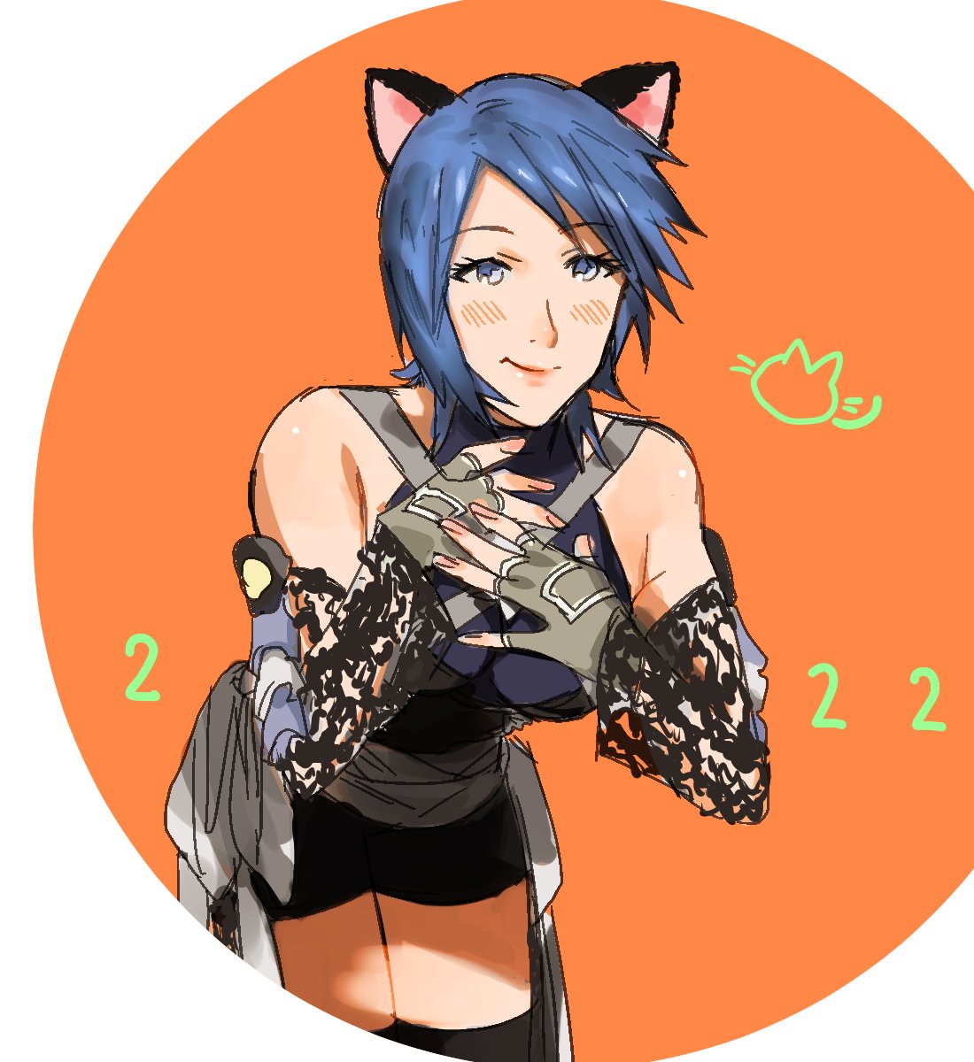 1girl animal_ears aqua_(kingdom_hearts) bike_shorts black_thighhighs blue_eyes blue_hair blush breasts cat_ears closed_mouth detached_sleeves fingerless_gloves gloves highres kingdom_hearts kingdom_hearts_birth_by_sleep lips looking_at_viewer mikuroron short_hair smile solo thigh-highs