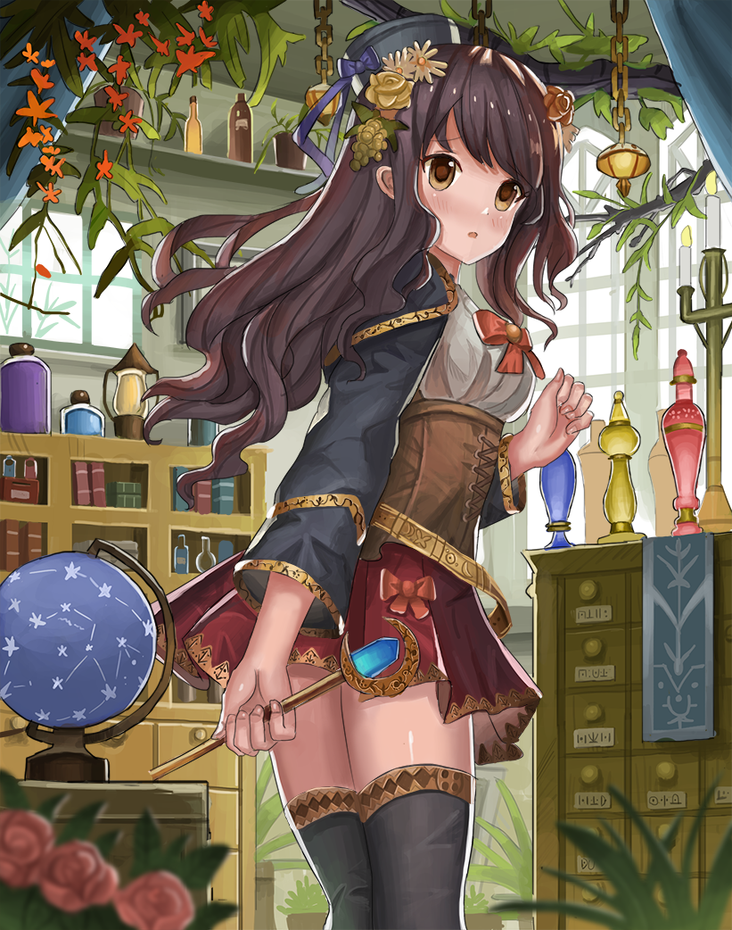 1girl ame_sagari blue_hat blue_shrug blue_sleeves bookshelf bow bowtie brown_corset brown_hair commentary_request corset cowboy_shot cross-laced_clothes cross-laced_corset daisy fantasy fingernails flower food-themed_hair_ornament globe grape_hair_ornament grey_thighhighs hair_flower hair_ornament hat hat_bow holding holding_wand indoors long_hair long_sleeves looking_at_viewer mini_hat miniskirt orange_bow orange_bowtie original parted_lips plant pleated_skirt potion potted_plant purple_bow red_skirt rose scenery shell shirt skirt solo thigh-highs wand white_flower white_shirt yellow_eyes yellow_flower yellow_rose