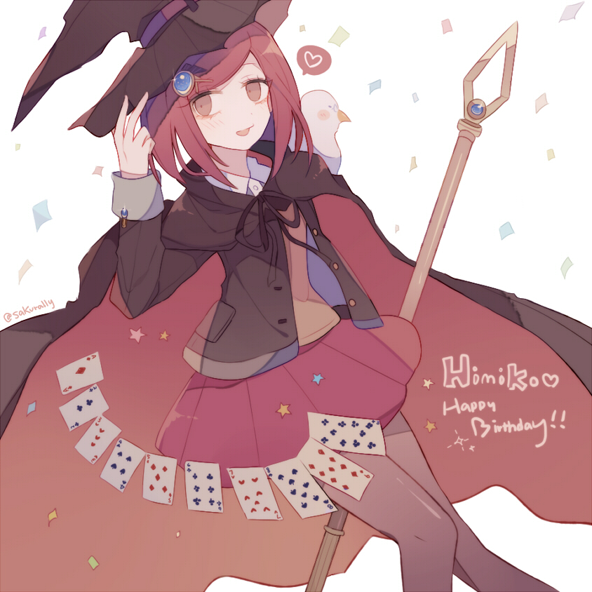 1girl ace_(playing_card) ace_of_diamonds animal_on_shoulder bird bird_on_shoulder black_cape black_hat black_jacket black_ribbon black_sleeves blazer brown_eyes brown_vest buttons cape card character_name collared_shirt commentary_request confetti cowboy_shot danganronpa_(series) danganronpa_v3:_killing_harmony diamond_(shape) eyelashes gem_hair_ornament grey_pantyhose hand_on_headwear happy_birthday hat heart holding holding_staff jacket long_sleeves looking_at_viewer medium_hair miniskirt neck_ribbon open_clothes open_jacket open_mouth pantyhose playing_card pleated_skirt pocket red_cape red_skirt redhead ribbon sakura_(fein5862817) shirt simple_background skirt smile solo spoken_heart staff star_(symbol) twitter_username two-sided_cape two-sided_fabric vest white_background white_bird white_shirt witch_hat yumeno_himiko