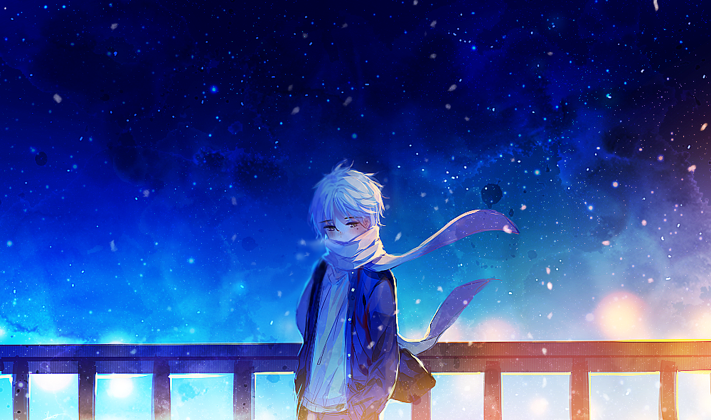 1boy blue_scarf blue_theme breath covered_mouth hands_in_pockets jacket looking_at_viewer male_focus mint5464 night night_sky original outdoors railing scarf scarf_over_mouth sky snowing solo star_(sky) starry_sky sweater white_hair wind