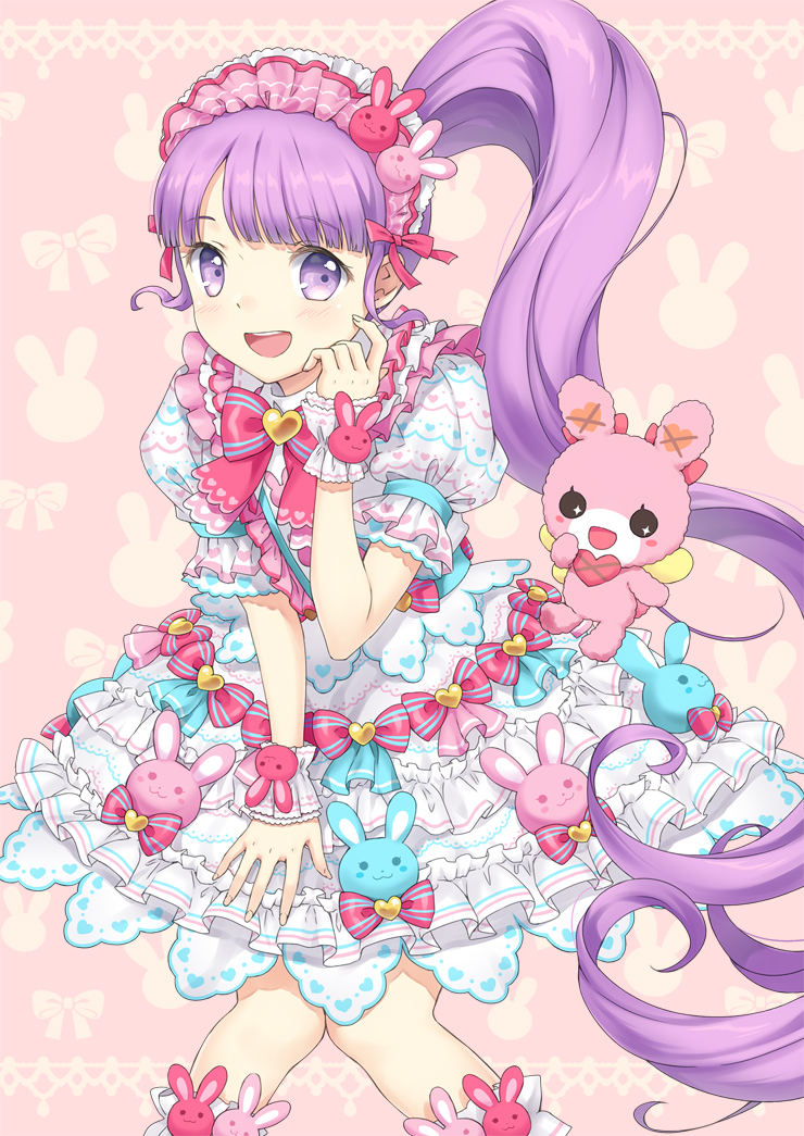 1girl :d blunt_bangs blush bow commentary_request dress feet_out_of_frame frilled_dress frills hairband hand_up idol_clothes knees_together_feet_apart lolita_fashion long_hair looking_at_viewer manaka_non open_mouth pink_bow pink_hairband pretty_series pripara puffy_short_sleeves puffy_sleeves purple_hair short_sleeves side_ponytail smile solo standing stuffed_animal stuffed_rabbit stuffed_toy sweet_lolita unya_(unya-unya) usacha very_long_hair violet_eyes white_dress wrist_cuffs