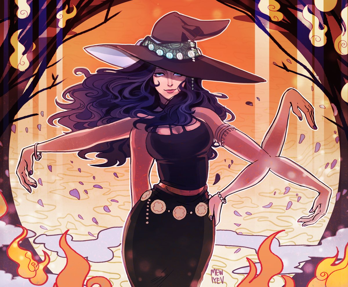 1girl armlet artist_name belt black_skirt blue_eyes bracelet cowboy_shot english_commentary extra_arms falling_petals fire floating_hair hand_on_own_hip hat jewelry long_hair looking_to_the_side mewiyev nico_robin one_piece orange_background petals skirt smile solo tree witch_hat