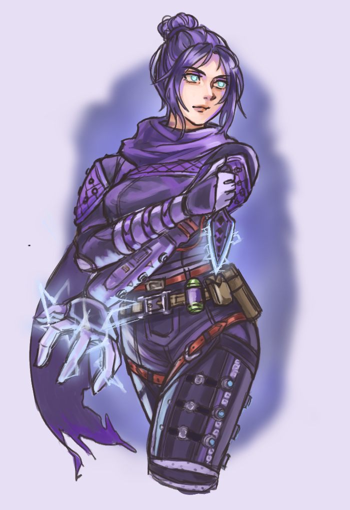 1girl apex_legends belt black_bodysuit black_gloves blue_eyes bodysuit breasts brown_belt cowboy_shot electricity gloves holding holding_knife knife kunai light_smile looking_up medium_breasts mikepo no_pupils open_hand portal_(object) purple_background purple_hair purple_scarf scarf solo v-shaped_eyebrows walking weapon wraith's_kunai wraith_(apex_legends)