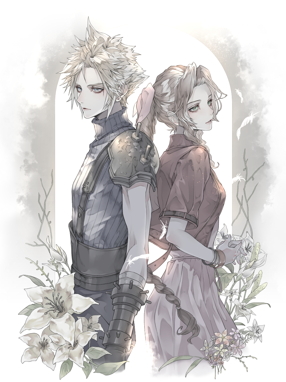 1boy 1girl aerith_gainsborough armor back-to-back bandaged_arm bandages bangle belt blonde_hair bracelet braid braided_ponytail breasts brown_belt brown_hair cloud_strife cropped_jacket dress earrings falling_feathers feathers final_fantasy final_fantasy_vii final_fantasy_vii_rebirth final_fantasy_vii_remake flower gloves hair_ribbon highres jacket jewelry lily_(flower) long_dress long_hair medium_breasts multiple_belts muted_color own_hands_together parted_bangs parted_lips pink_dress pink_ribbon red_jacket ribbon ryokuyuu short_hair short_sleeves shoulder_armor sidelocks single_braid single_earring single_shoulder_pad sleeveless sleeveless_turtleneck spiky_hair suspenders turtleneck wavy_hair yellow_flower