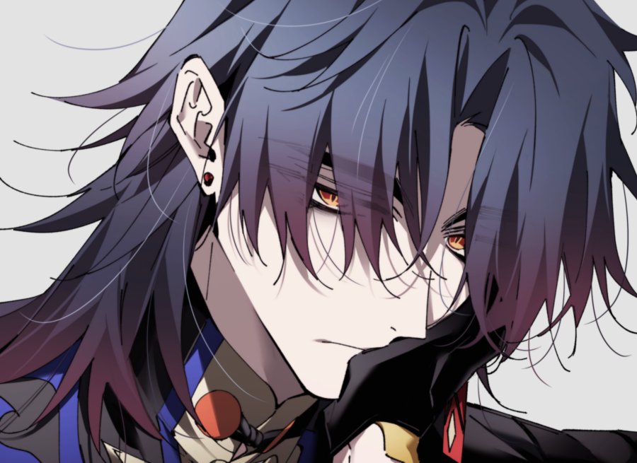 1boy black_gloves black_hair blade_(honkai:_star_rail) closed_mouth collared_shirt dlckrpwjd111 earrings gloves grey_background hair_over_eyes hand_on_another's_face honkai:_star_rail honkai_(series) jewelry long_hair looking_at_viewer male_focus orange_eyes parted_bangs shirt slit_pupils thick_eyebrows upper_body