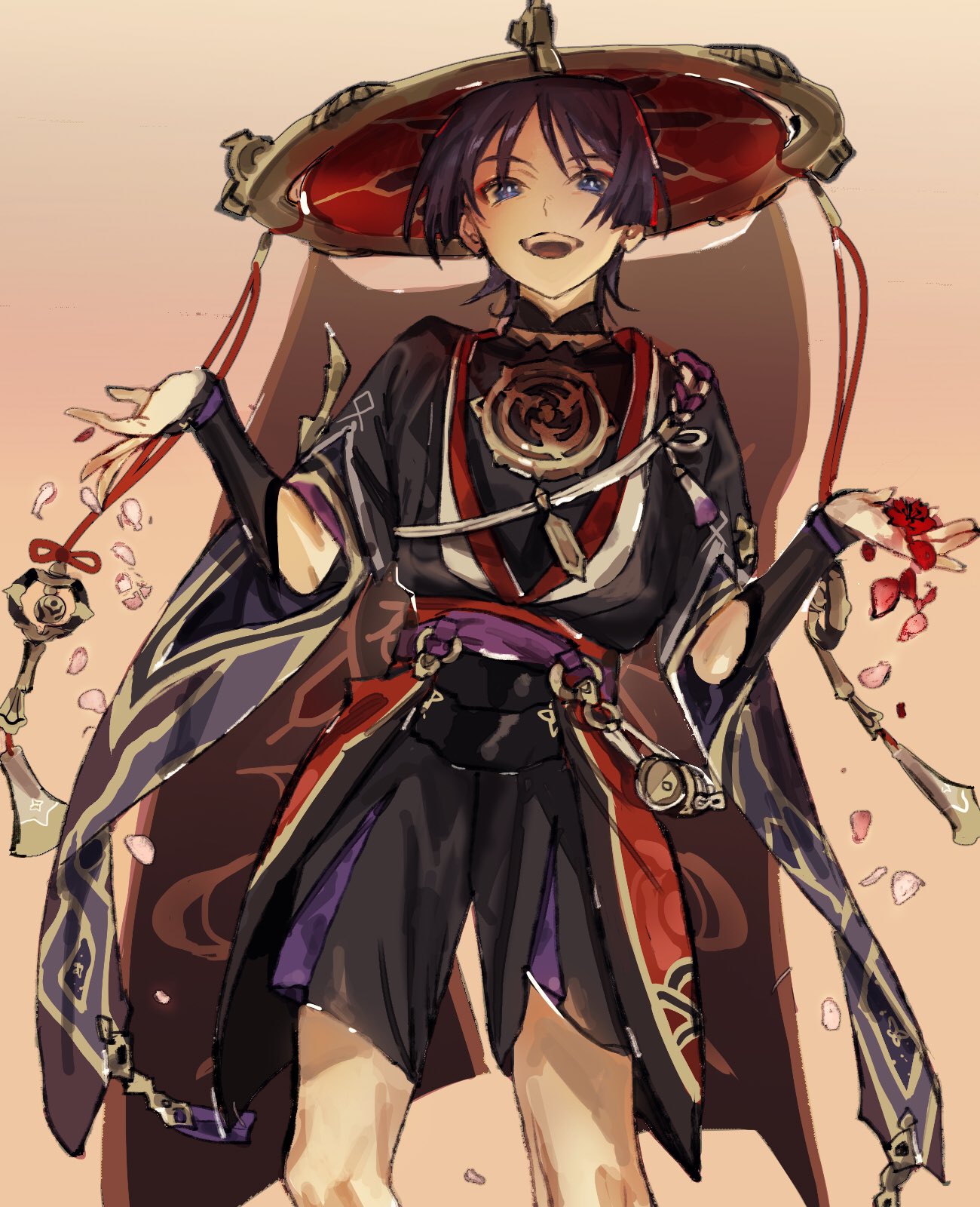1boy :d armor black_hair black_shirt black_shorts blue_eyes blunt_ends choppy_bangs commentary_request eyeshadow falling_petals genshin_impact hair_between_eyes hands_up hat hat_ribbon highres japanese_armor japanese_clothes jewelry jingasa kote kurokote looking_at_viewer makeup male_focus necklace open_mouth orange_background parted_bangs petals purple_sash red_eyeshadow red_hat red_ribbon ribbon rope sash scaramouche_(genshin_impact) shirt short_hair short_sleeves shorts simple_background smile solo standing talesofmea tassel teeth upper_teeth_only veil wide_sleeves