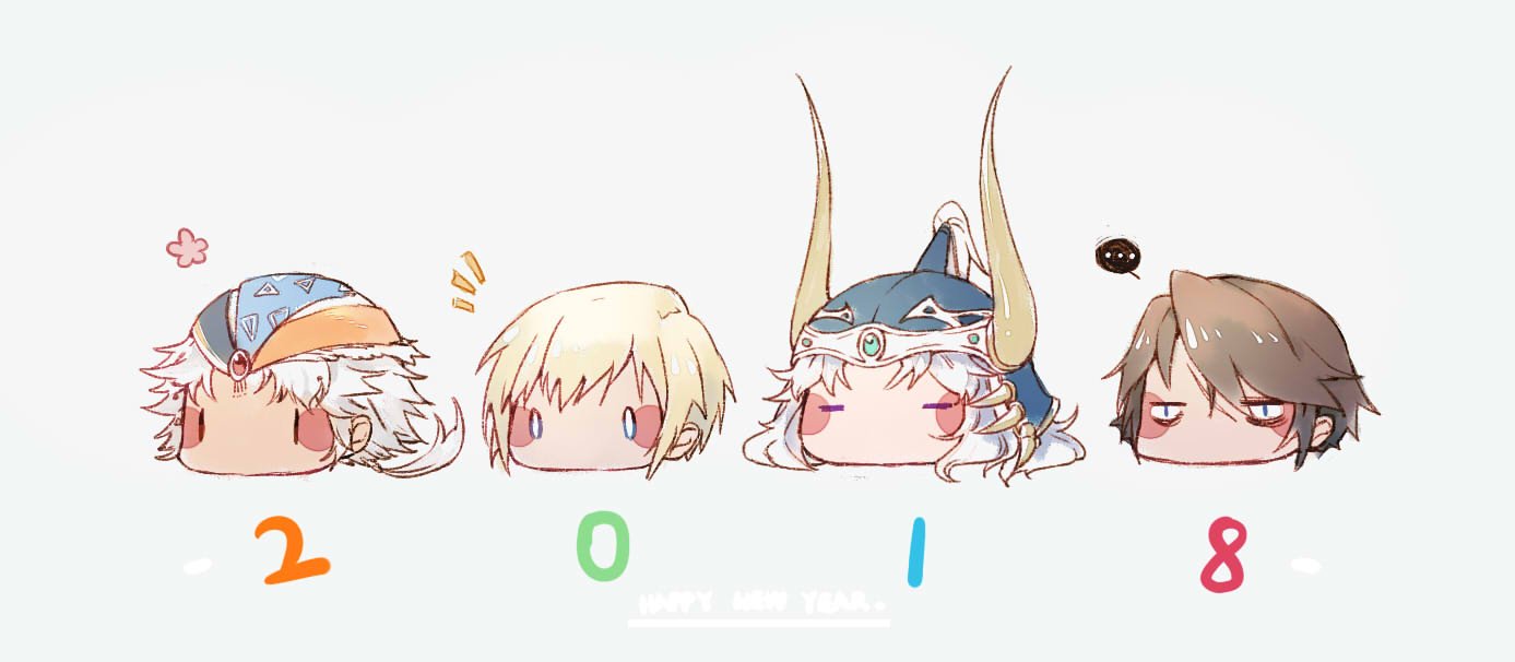 ... 4boys ace_(fft-0) bandana black_hair blonde_hair blue_eyes blue_helmet blush_stickers chibi chinese_commentary closed_eyes cropped_head dissidia_final_fantasy english_text fake_horns fermium.ice final_fantasy final_fantasy_i final_fantasy_ii final_fantasy_type-0 final_fantasy_viii firion forehead_jewel gem green_gemstone grey_background happy_new_year helmet horned_helmet horns jitome long_hair low_ponytail male_focus multiple_boys notice_lines plume red_gemstone scar scar_on_face short_hair simple_background solid_oval_eyes speech_bubble spoken_flower squall_leonhart upper_body violet_eyes warrior_of_light_(ff1) white_hair