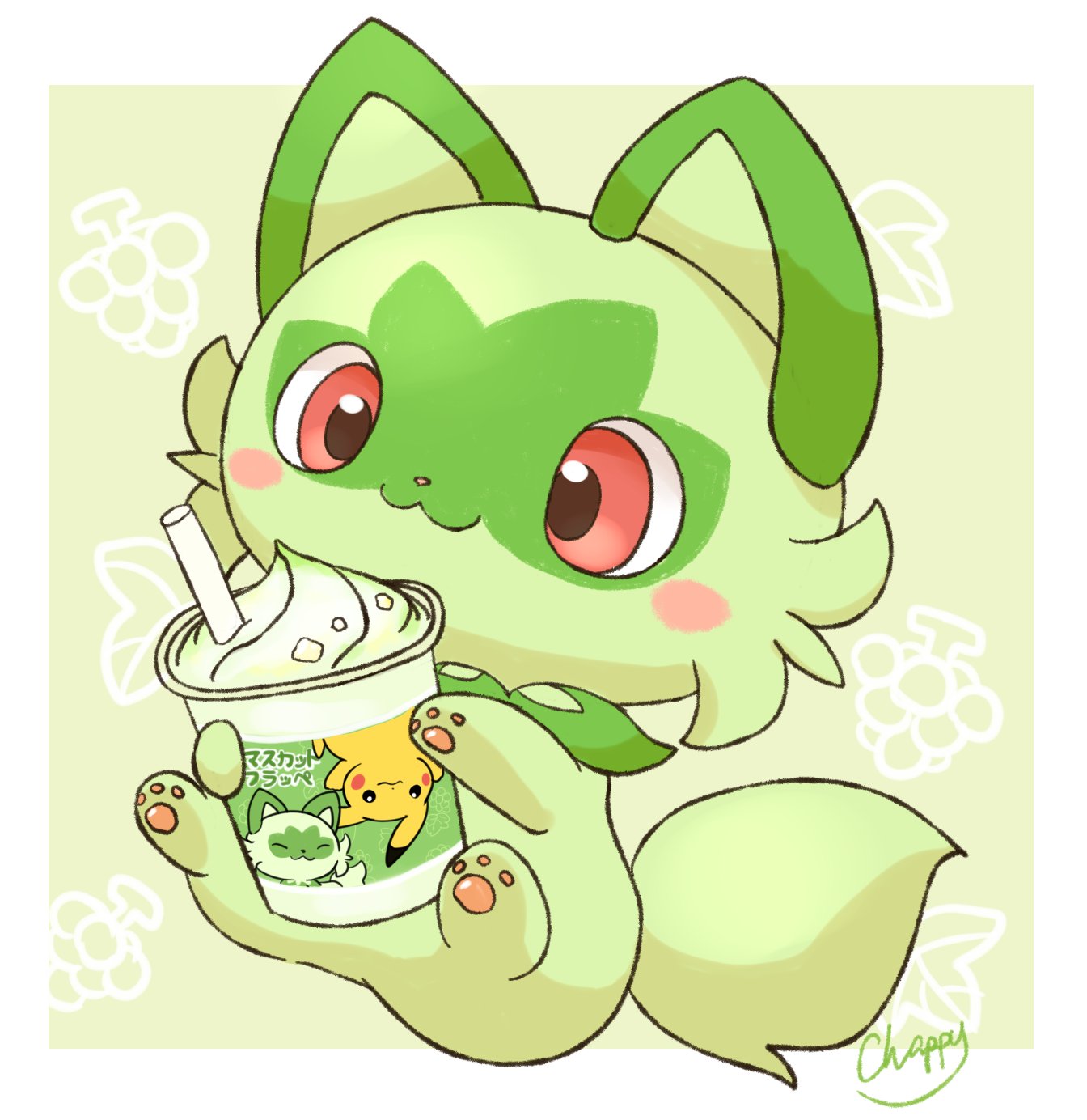 animal_focus closed_mouth cup drinking_straw food green_fur highres holding holding_cup ice_cream mimix no_humans pawpads pikachu pokemon pokemon_(creature) red_eyes signature simple_background sitting sprigatito tail two-tone_fur