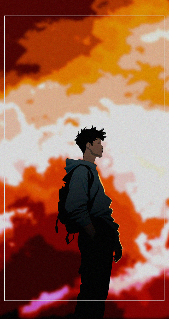 1boy backpack bag black_hair closed_eyes clouds expressionless from_side hand_in_pocket highres hood hoodie ishihama_masashi male_focus original profile sky solo twilight