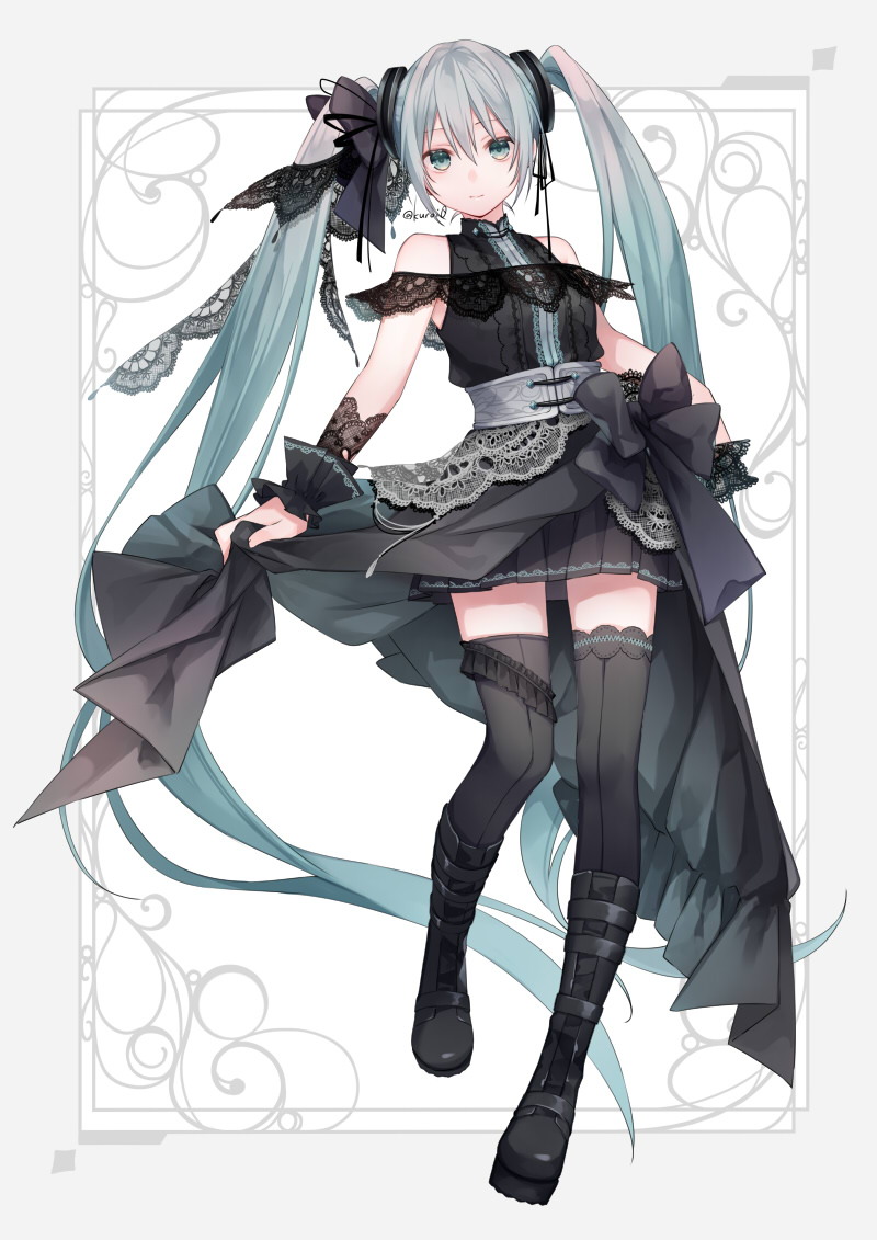 1girl absurdly_long_hair aqua_eyes aqua_hair black_ribbon black_skirt black_thighhighs boots closed_mouth clothes_lift commentary full_body goth_fashion grey_background hair_between_eyes hatsune_miku knee_boots kuroi_(liar-player) lace_trim light_smile long_hair looking_at_viewer pleated_skirt ribbon simple_background skirt sleeveless solo standing standing_on_one_leg thigh-highs twintails twitter_username very_long_hair vocaloid