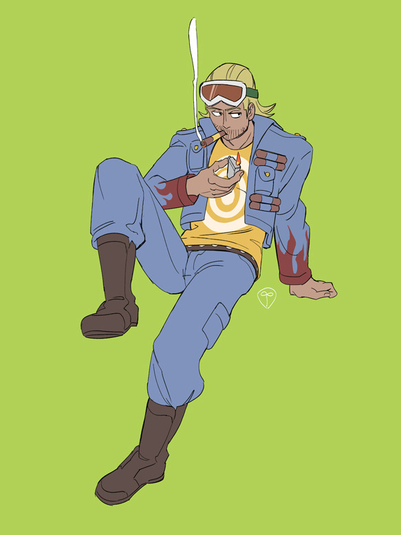 1boy beard_stubble blonde_hair blue_pants boots cigarette cropped_jacket english_commentary facial_hair full_body goggles goggles_on_head green_background holding holding_lighter lighter looking_to_the_side male_focus one_piece pants pastghost paulie sitting smoke solo stubble yellow_background