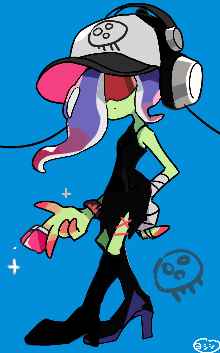 1girl bandaged_arm bandages baseball_cap black_dress blue_background blue_hair closed_mouth color_chip_(splatoon) colored_skin commentary cross-laced_slit dedf1sh dress full_body gradient_hair green_skin hat headphones headphones_over_headwear high_heels highres long_hair multicolored_hair octoling off_shoulder print_headwear redhead sanitized_(splatoon) side_slit simple_background single_bare_shoulder solo sparkle splatoon_(series) splatoon_3 splatoon_3:_side_order standing sunglasses symbol-only_commentary tentacle_hair two-tone_hair yoshishi_(yosisitoho)