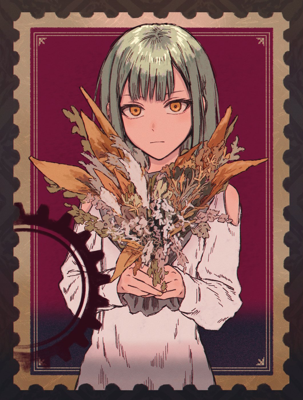 1girl bang_dream! bang_dream!_it's_mygo!!!!! black_border border bouquet closed_mouth clothing_cutout commentary_request double-parted_bangs expressionless furukawa_wanosuke gears gold_border green_hair highres holding holding_bouquet inset_border long_hair long_sleeves looking_at_viewer ornate_border outside_border postage_stamp red_background shirt shoulder_cutout sidelocks solo straight_hair upper_body wakaba_mutsumi white_shirt yellow_eyes