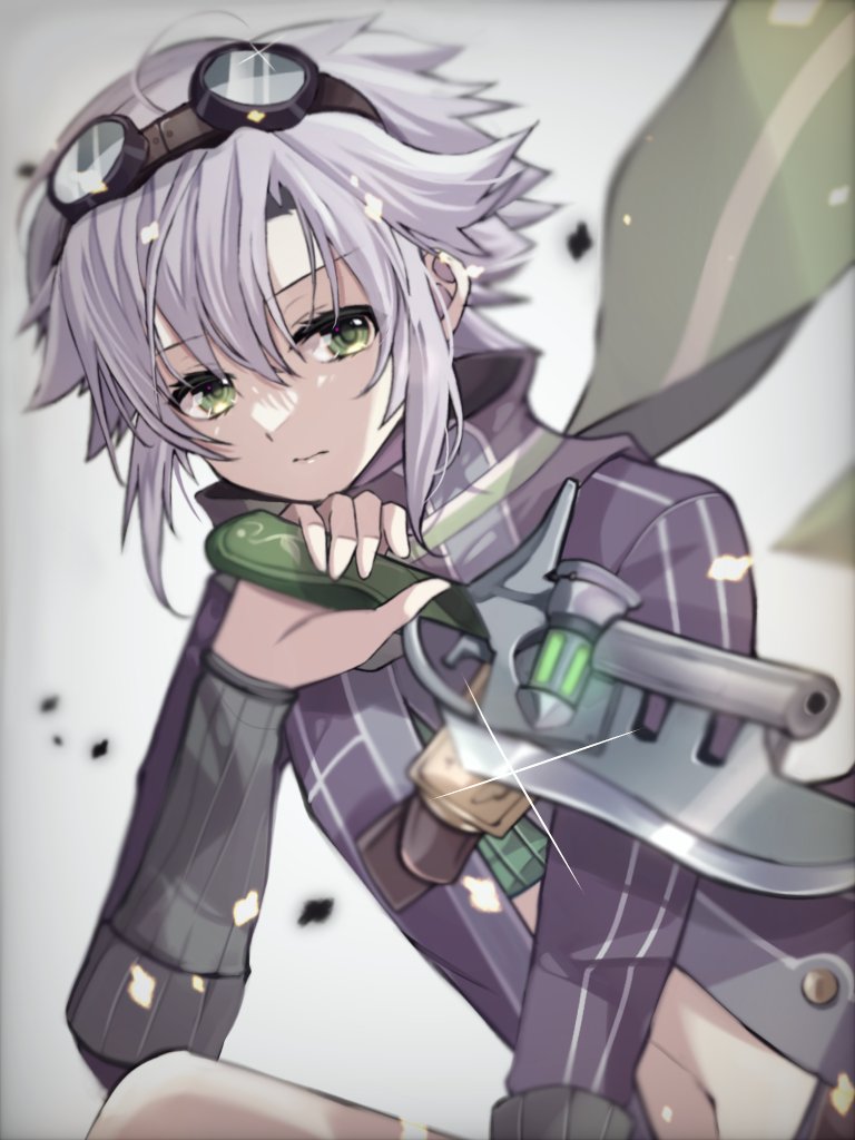 1girl black_shirt blurry closed_mouth commentary depth_of_field eiyuu_densetsu eyelashes fie_claussell fighting_stance glint goggles goggles_on_head green_eyes green_scarf grey_background grey_hair hair_between_eyes hand_up holding holding_knife knife long_sleeves looking_at_viewer natsusechoco navel scarf sen_no_kiseki sen_no_kiseki_ii serious shirt short_hair simple_background solo spiky_hair upper_body