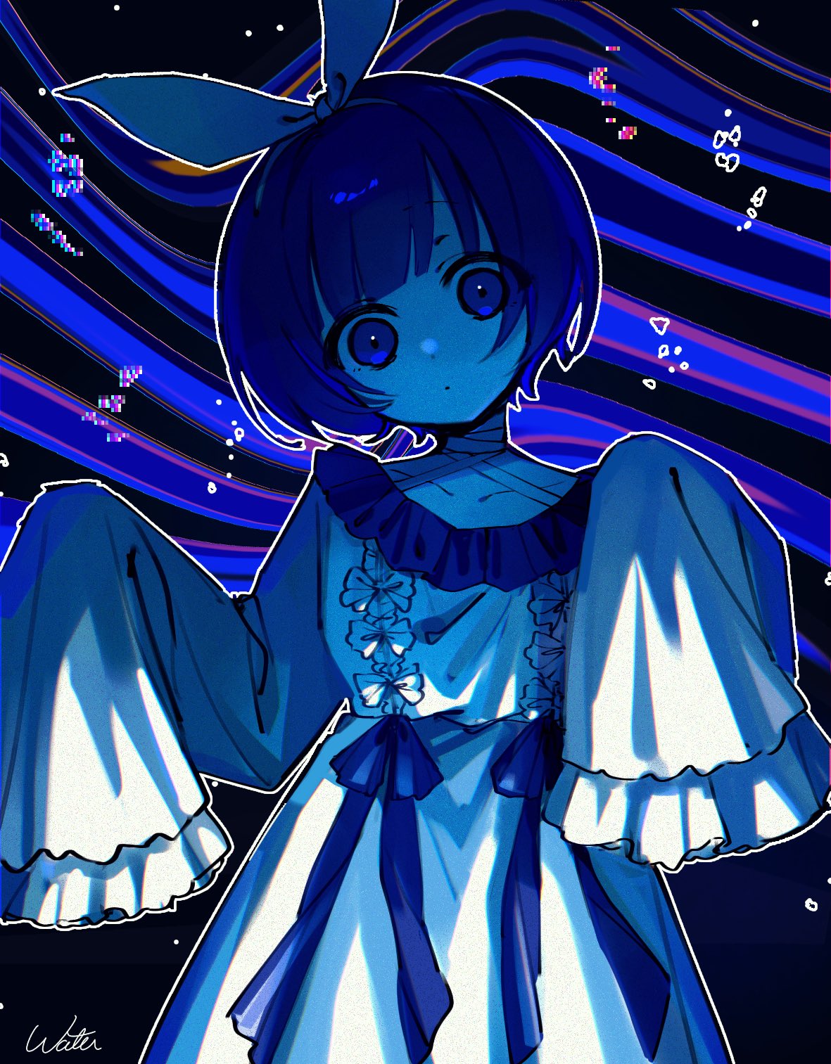 1girl blank_stare blue_background blue_eyes blue_hair blue_ribbon blue_theme bow closed_mouth dress empty_eyes expressionless frilled_dress frills hair_bow hairband highres indie_utaite long_sleeves looking_at_viewer outline pale_skin ribbon short_hair signature sleeves_past_fingers sleeves_past_wrists solo unnamed_girl_(x0o0x) utaite very_long_sleeves w_(02won_won20) white_bow white_hairband white_outline