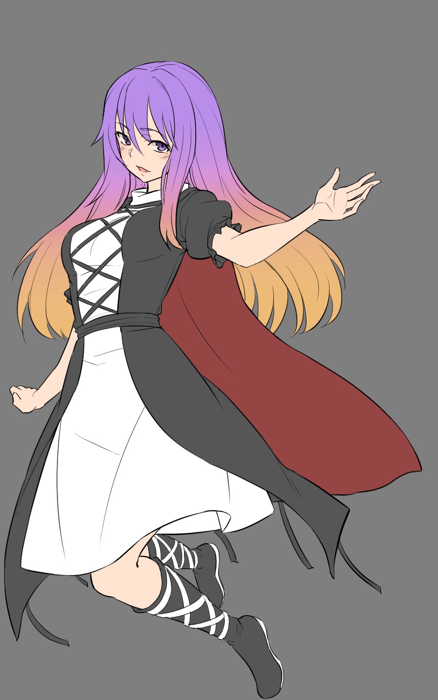 1girl black_dress black_footwear boots breasts brown_hair cape commentary cross-laced_clothes dress full_body gradient_hair grey_background highres hijiri_byakuren kakone layered_clothes long_hair looking_at_viewer multicolored_hair one-hour_drawing_challenge open_mouth purple_hair short_sleeves sidelocks simple_background solo touhou violet_eyes white_dress